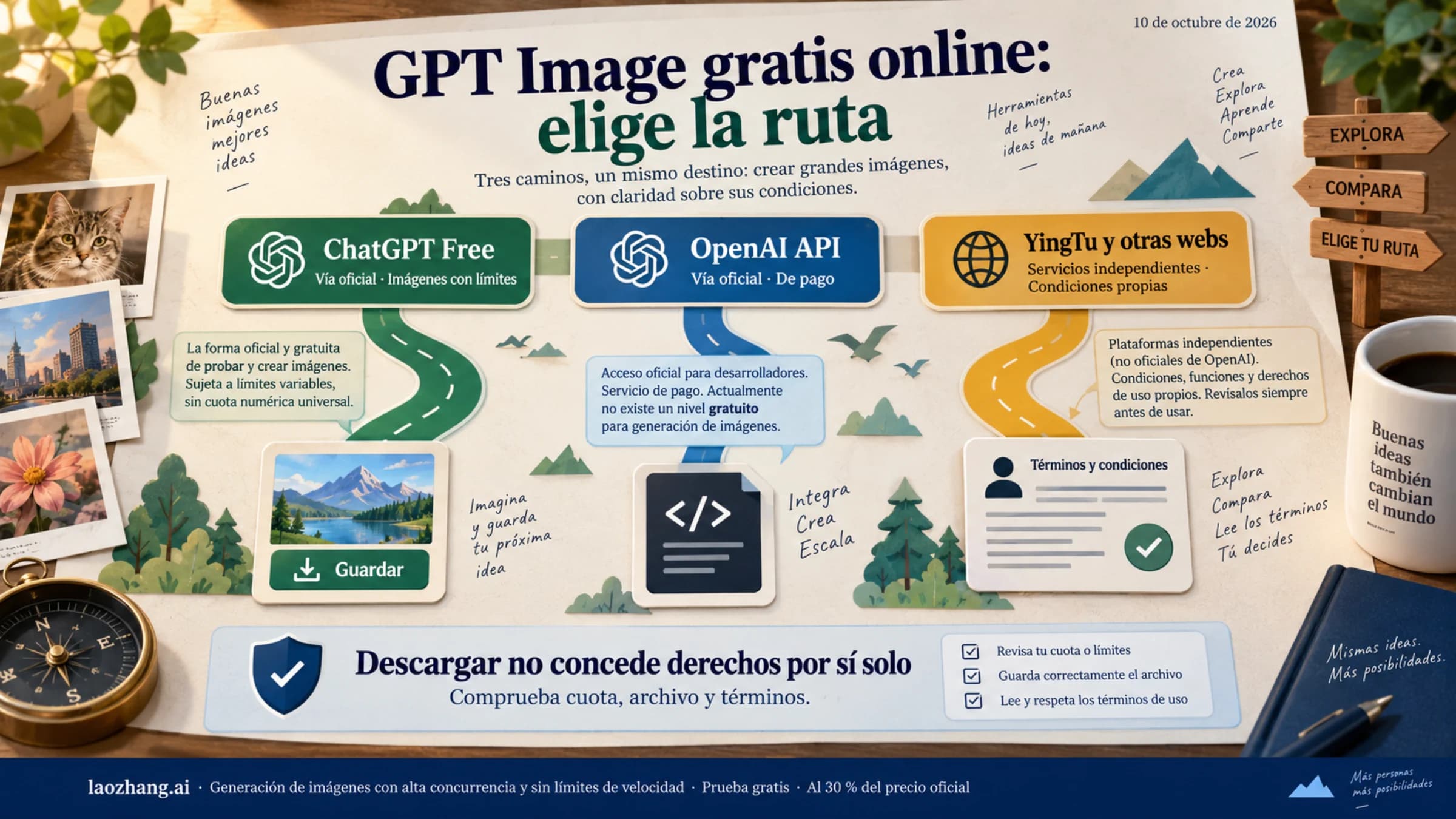 Tres rutas para crear y descargar imágenes: ChatGPT Free oficial con límites, OpenAI API de pago y YingTu u otras webs independientes con sus propias condiciones.
