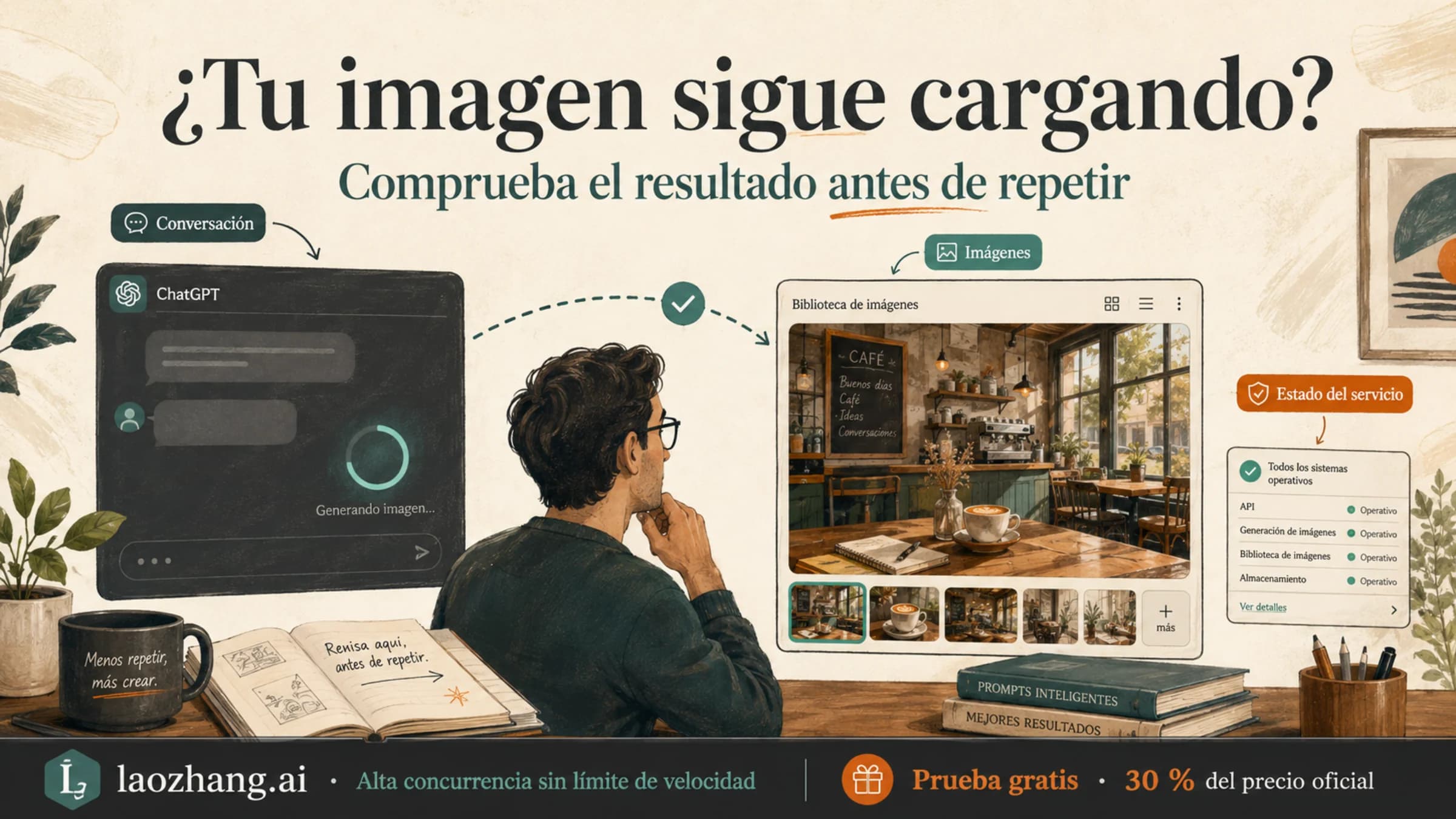 Una persona comprueba la conversación, la biblioteca de Imágenes y el estado del servicio antes de repetir una solicitud