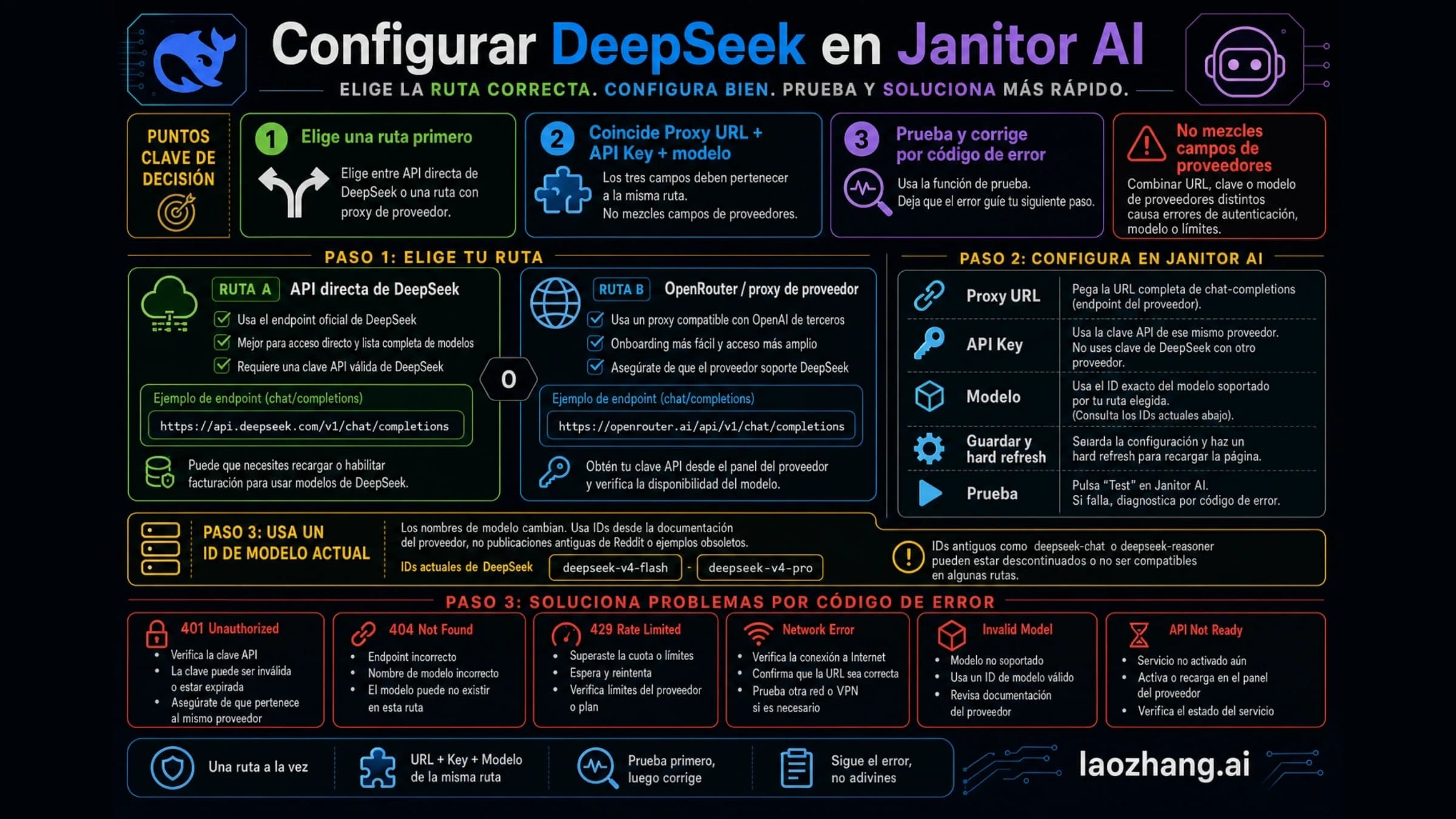 Codex-generated tablero de ruta para configurar DeepSeek en Janitor AI sin mezclar proxy URL, API Key y model name