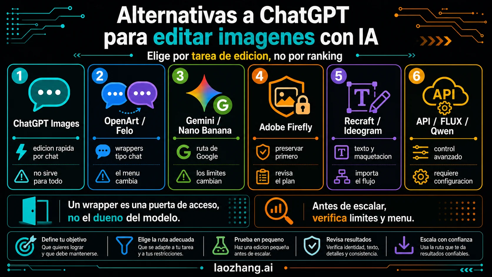 Mapa de alternativas a ChatGPT para editar imágenes con IA por rutas app, wrapper, Gemini, Firefly, diseño, API y modelos abiertos
