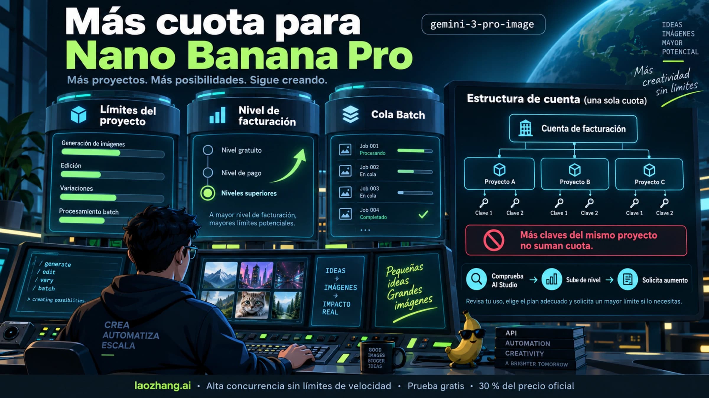 Cuota de Nano Banana Pro, límites del proyecto, nivel de facturación y cola Batch
