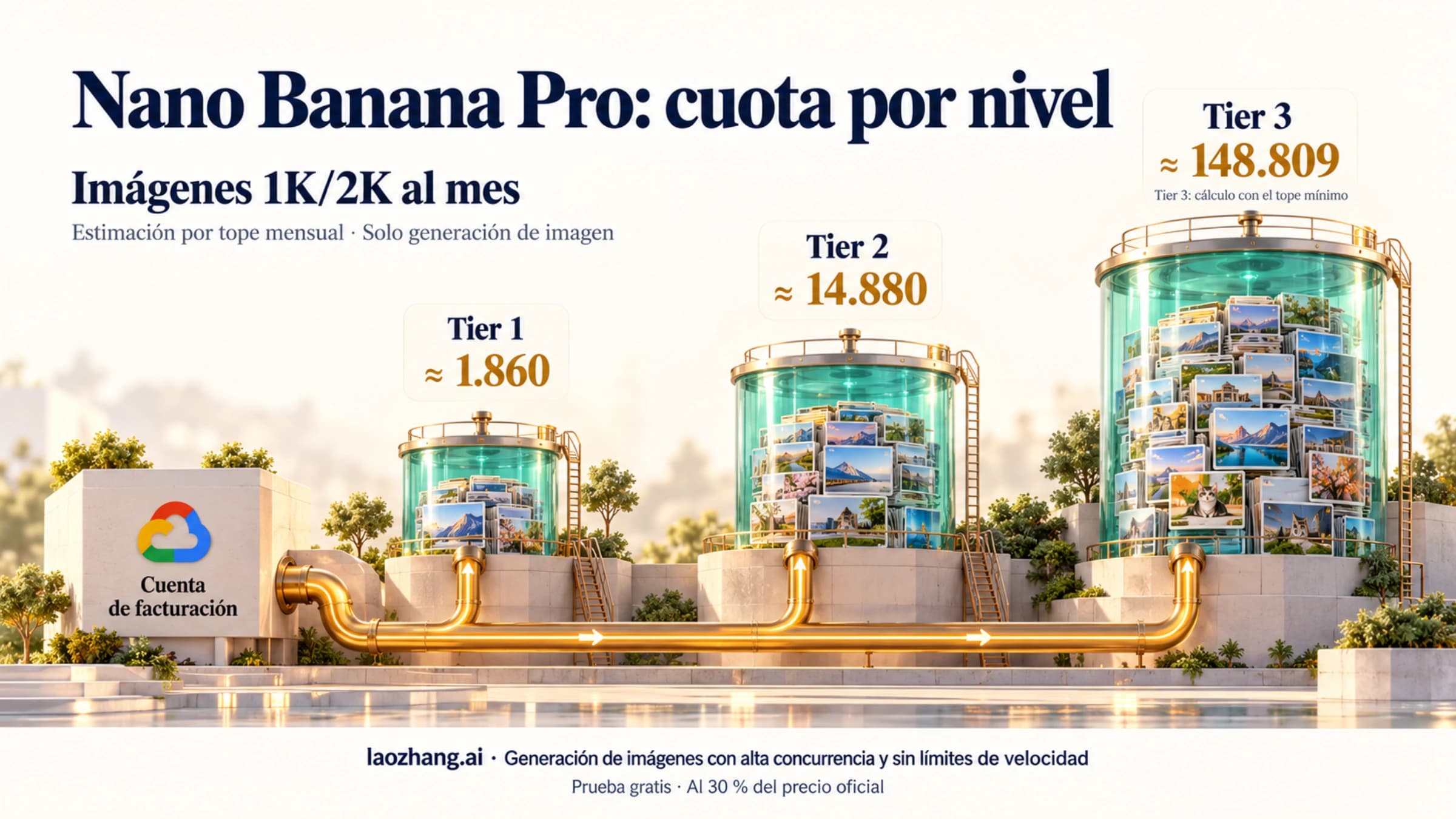 Cuota de la API de Nano Banana Pro por nivel: unas 1.860 imágenes 1K/2K al mes en Tier 1, 14.880 en Tier 2 y 148.809 en Tier 3