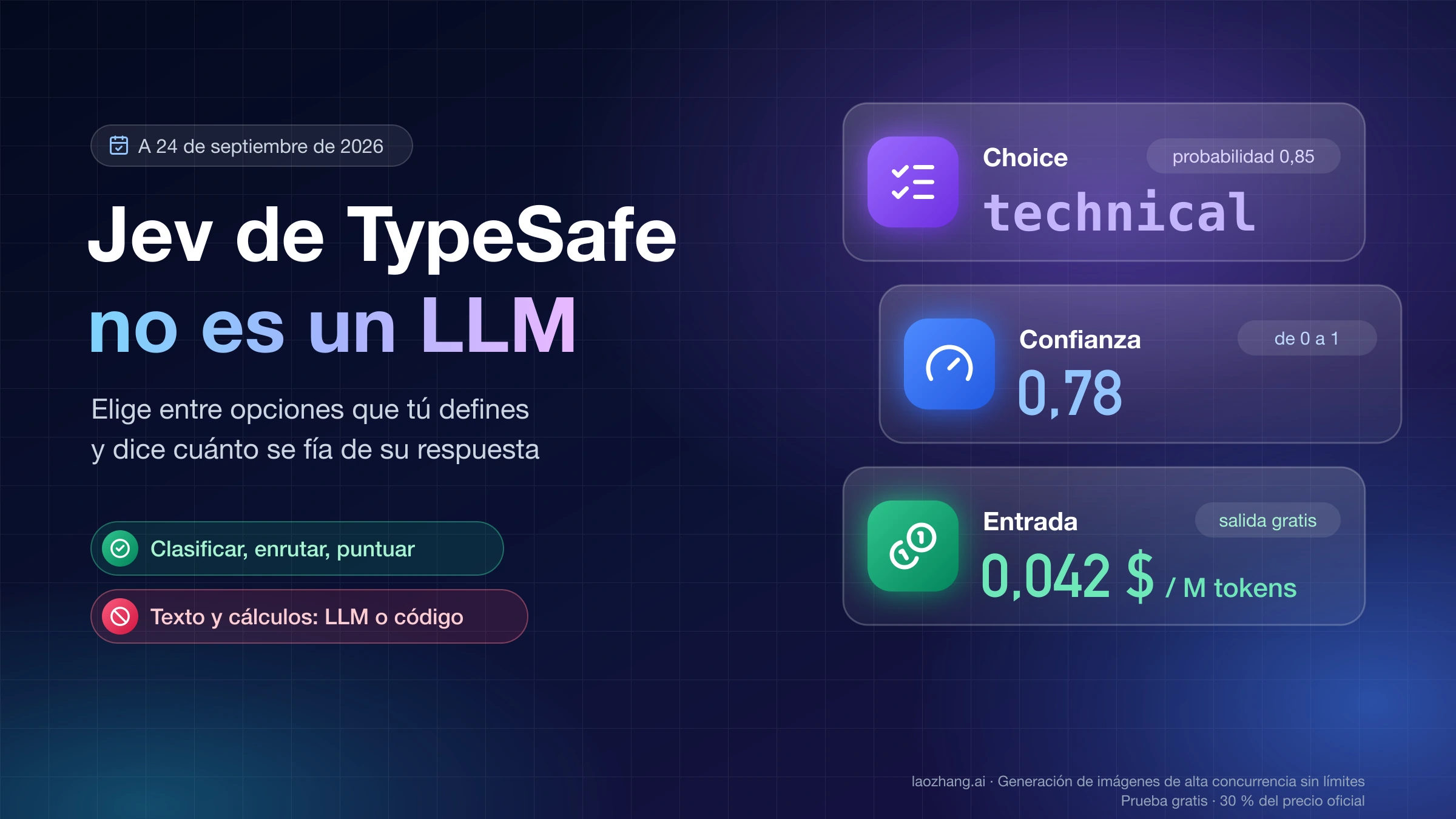 Jev de TypeSafe no es un LLM: devuelve una opción (technical, probabilidad 0,85), una confianza de 0,78 y cuesta 0,042 $ por millón de tokens de entrada