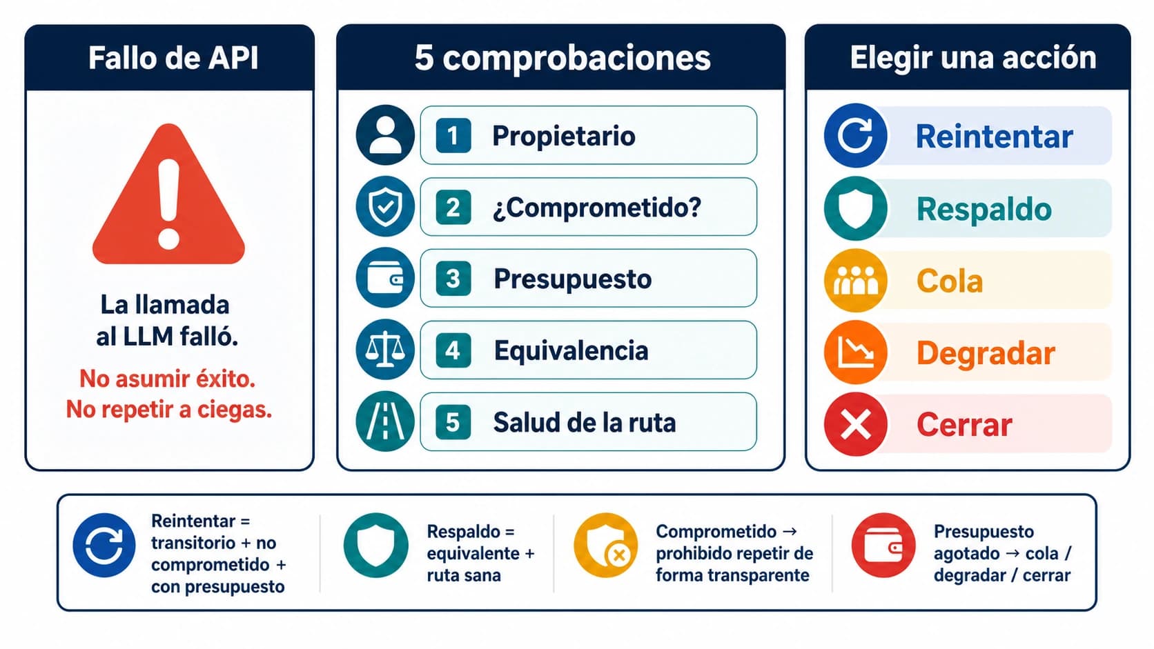 Un fallo de API LLM pasa por propietario, estado comprometido, presupuesto de recuperación, equivalencia del respaldo y salud de ruta antes de reintentar, cambiar, encolar, degradar o cerrar.