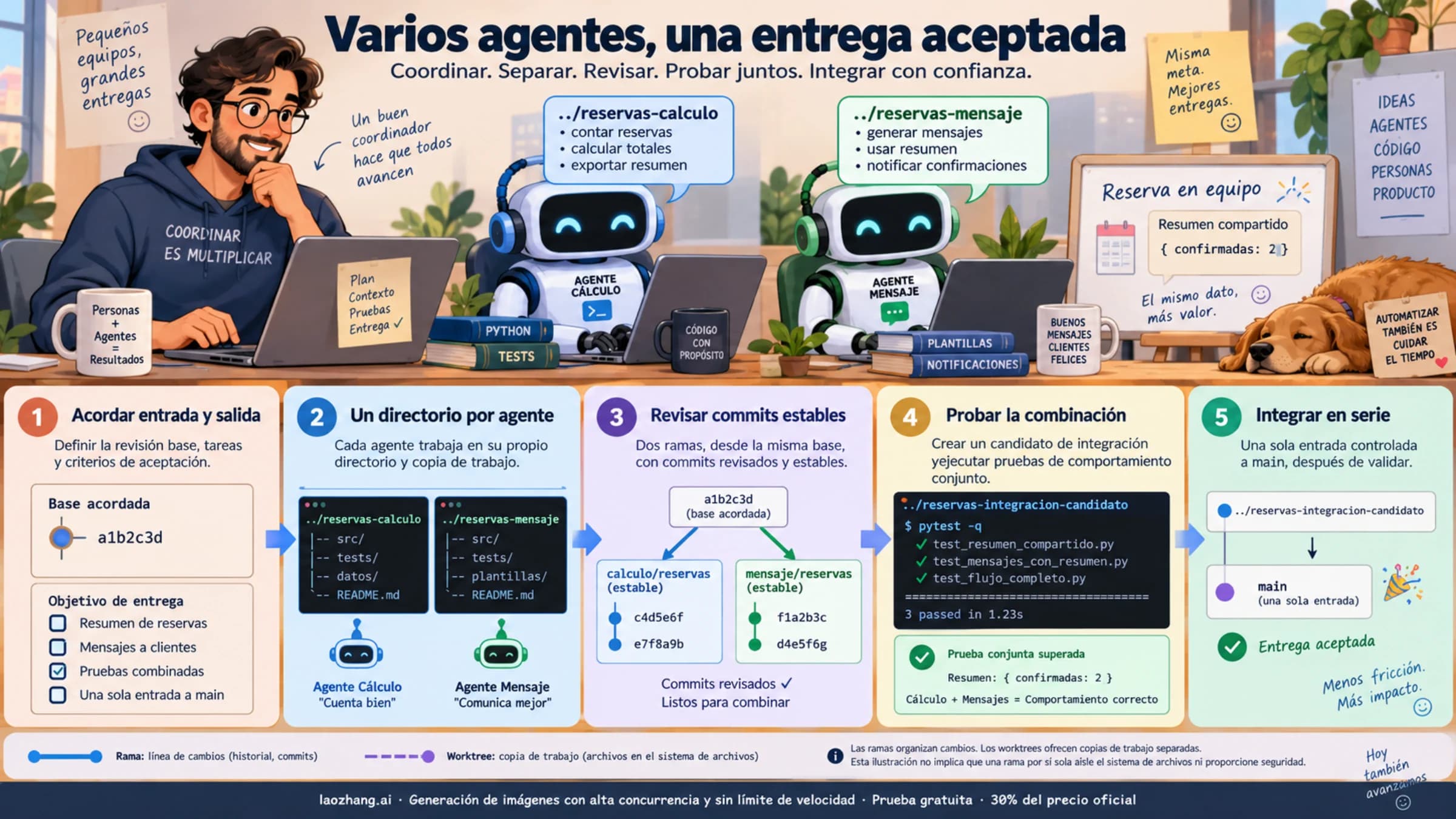 Tareas independientes, directorios propios y una integración común para un equipo pequeño