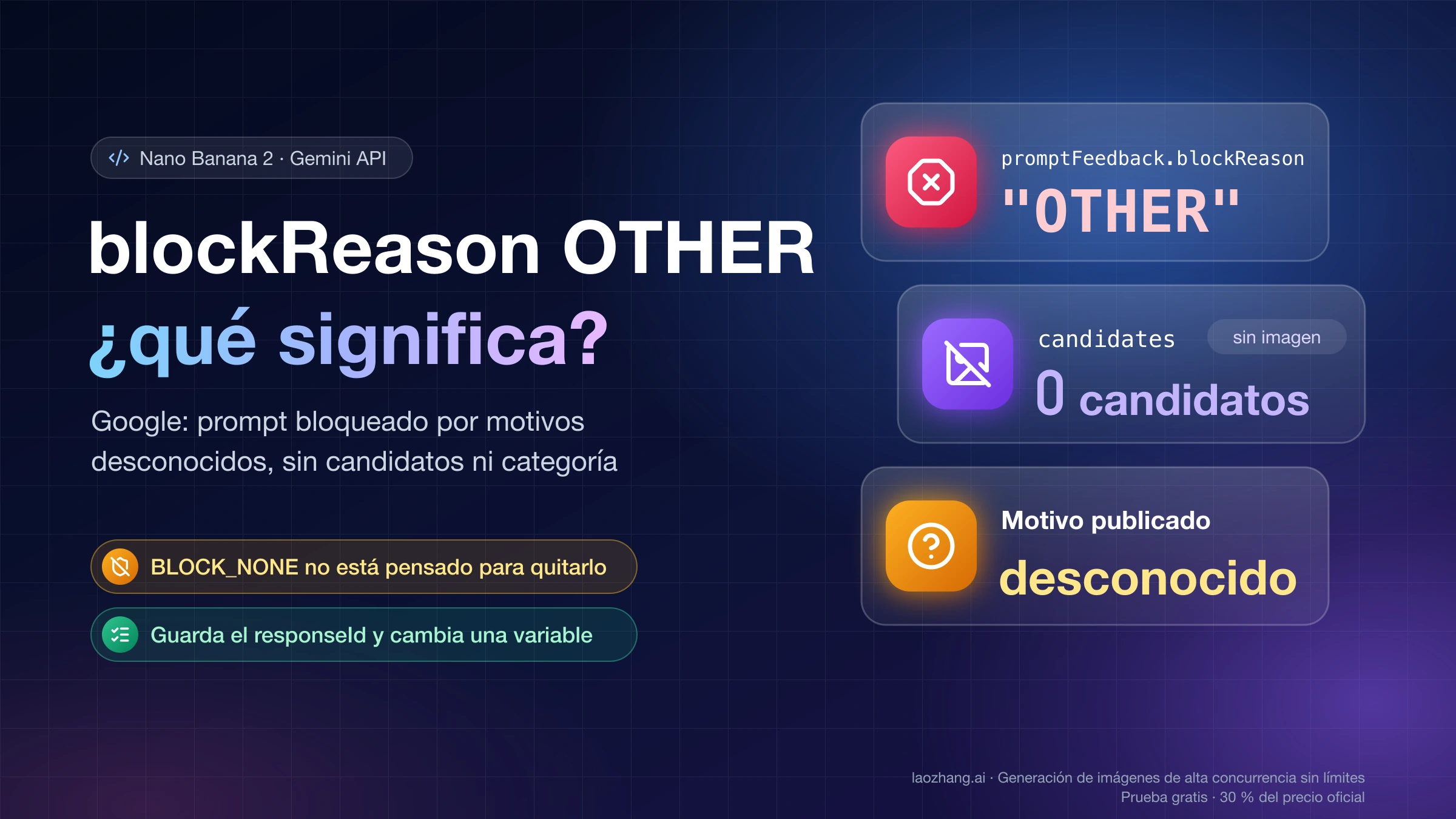 blockReason OTHER en Nano Banana 2: promptFeedback.blockReason con valor OTHER, cero candidatos y un motivo que Google no publica