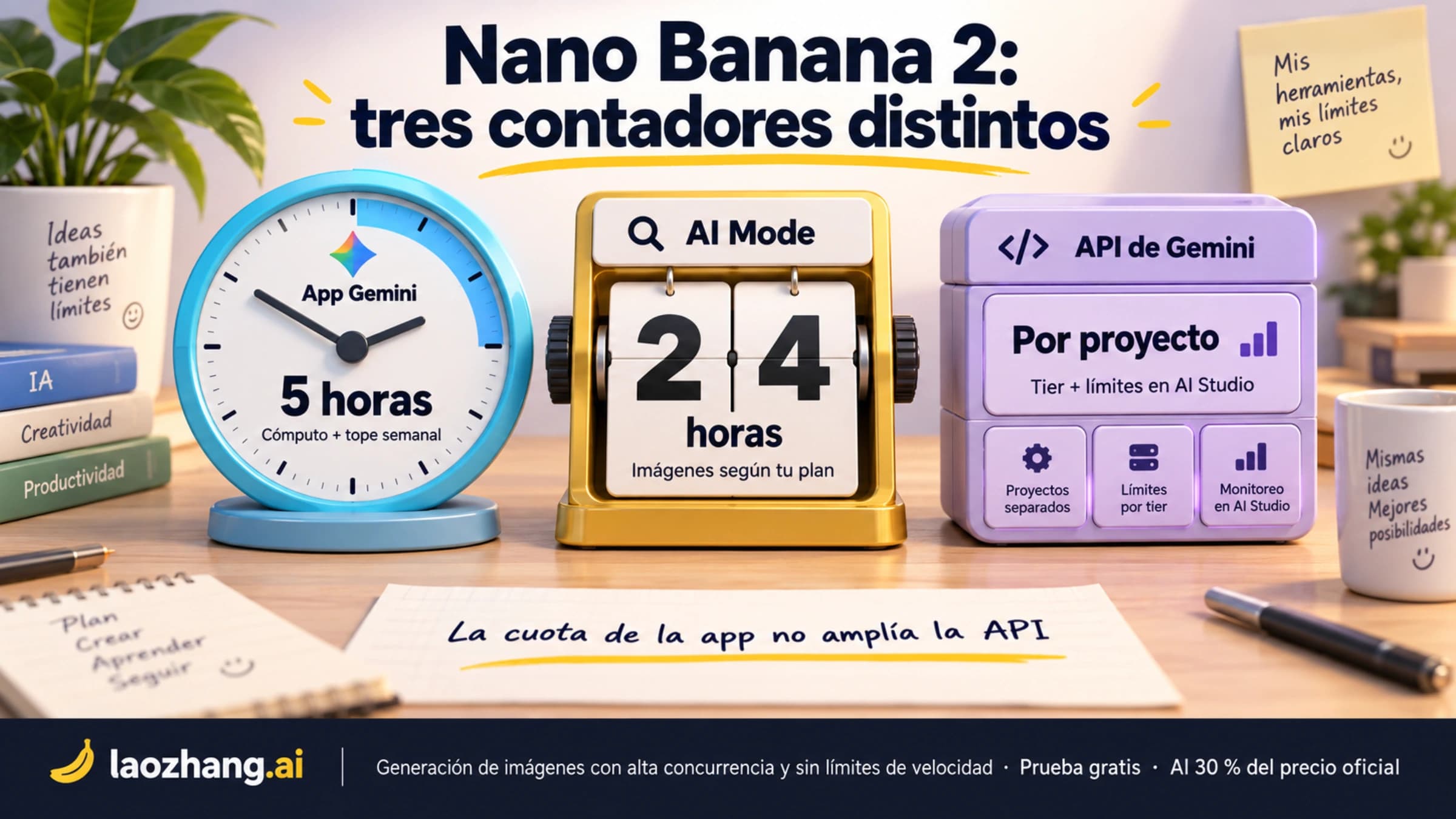 Tres contadores distintos para Nano Banana 2: la app Gemini con renovación cada 5 horas, AI Mode con imágenes por 24 horas y la API de Gemini con niveles por proyecto