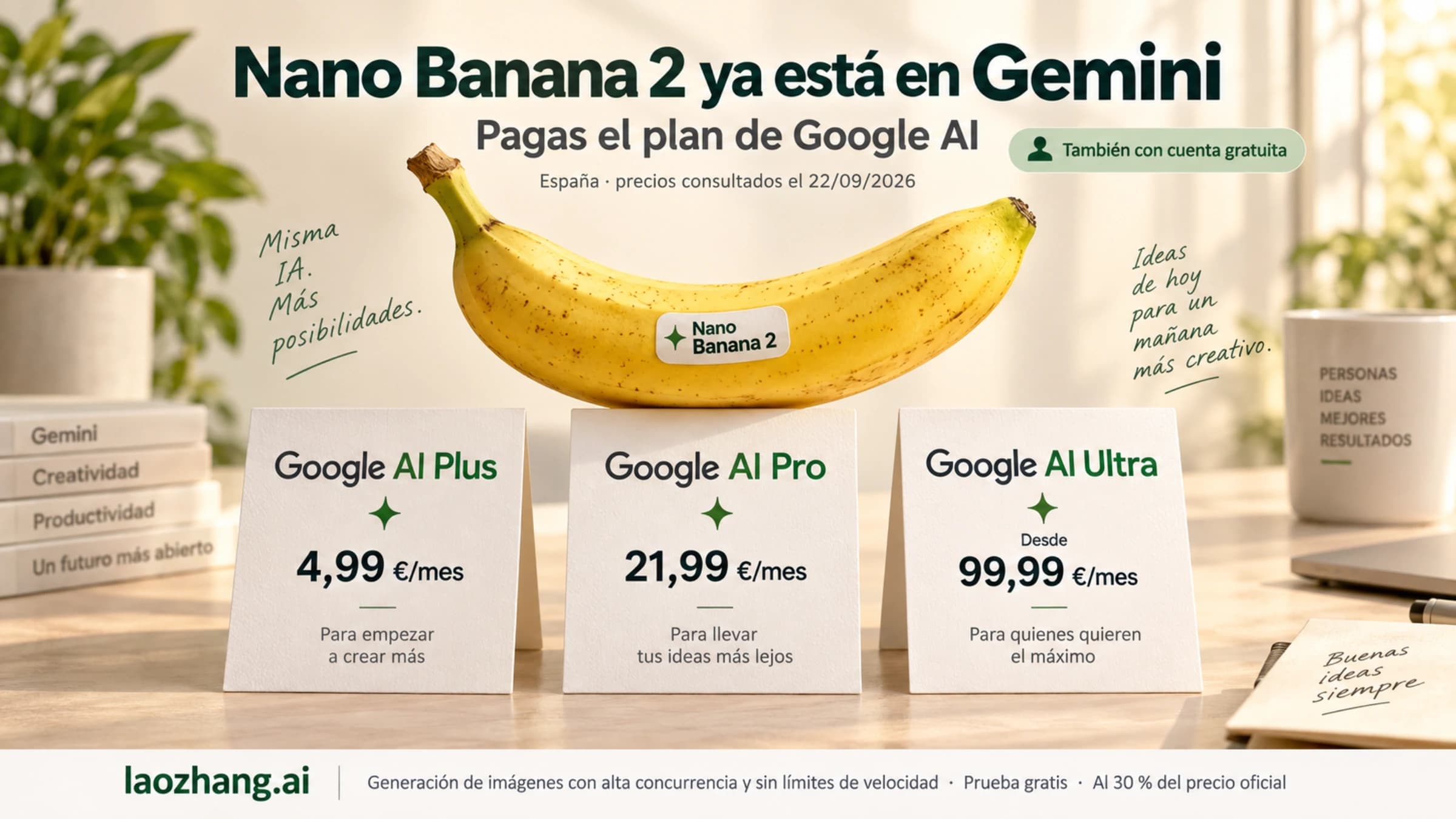 Un plátano con el rótulo Nano Banana 2 sobre tres tarjetas de plan de Google AI en euros: Plus 4,99, Pro 21,99 y Ultra desde 99,99 al mes