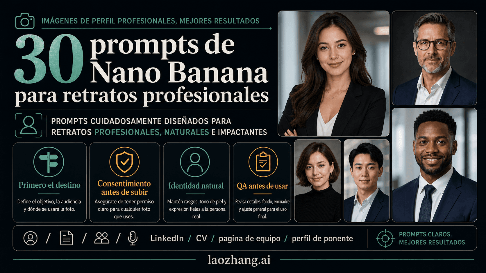 Tablero informativo de prompts de Nano Banana para retratos profesionales con destino, consentimiento, identidad y QA