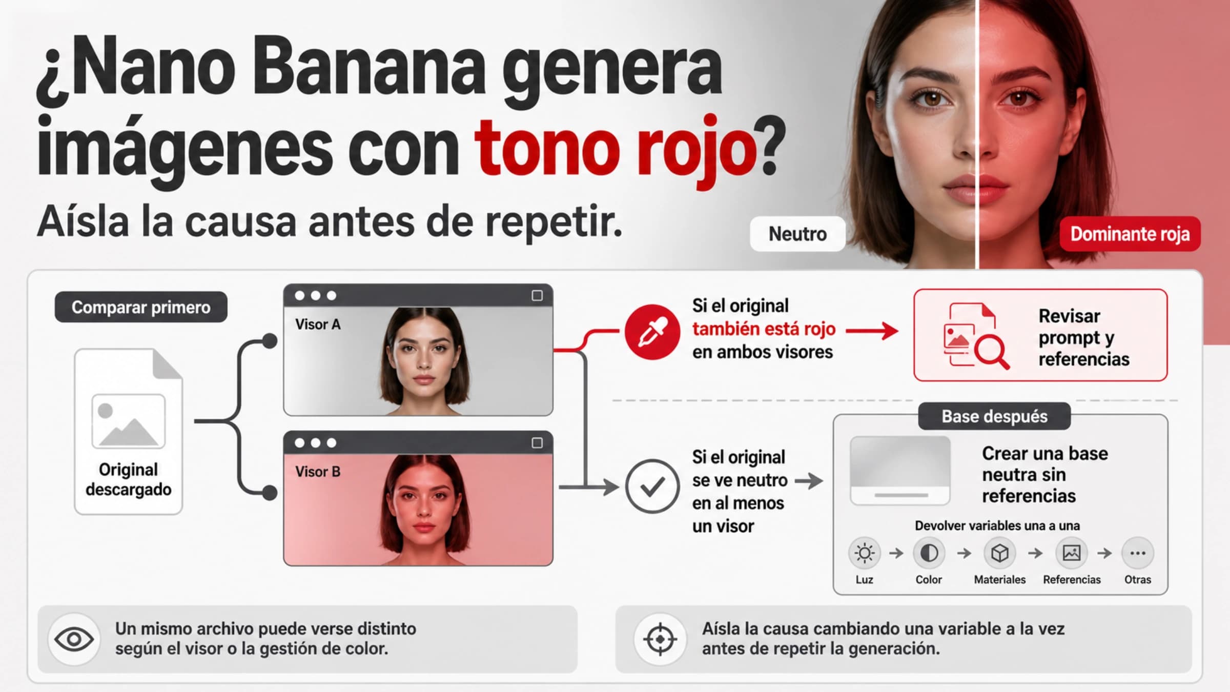 Comparación de un retrato Nano Banana neutro y otro con dominante roja