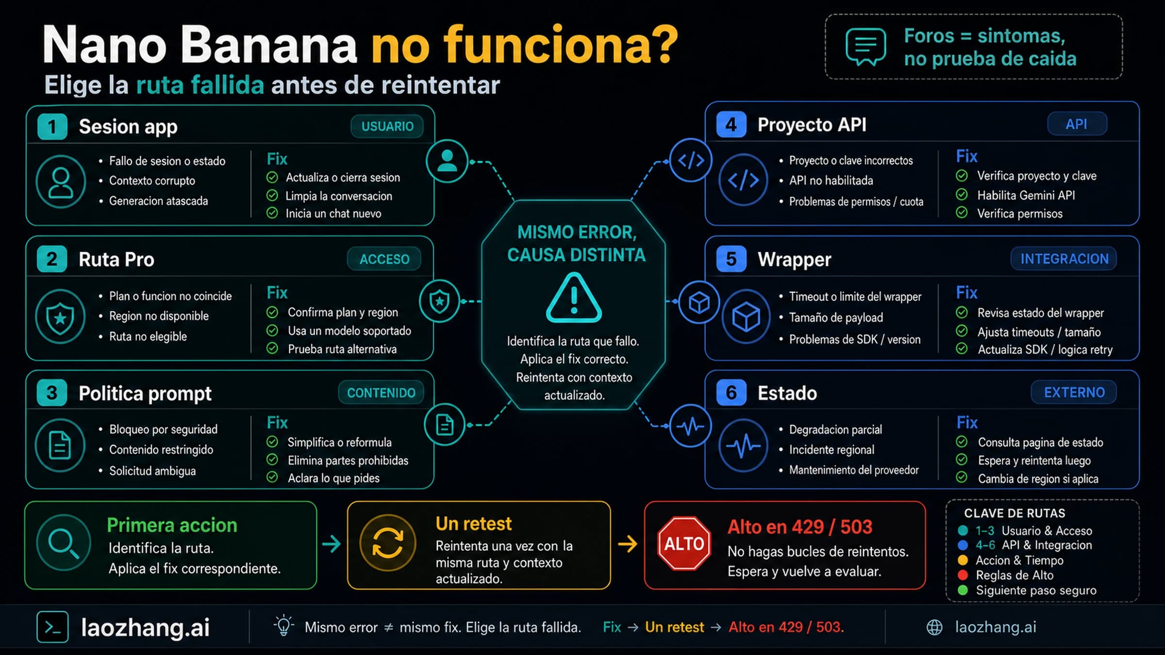 Panel de rutas para fallos de Nano Banana en Gemini: app, Pro, prompt, API, wrapper y estado