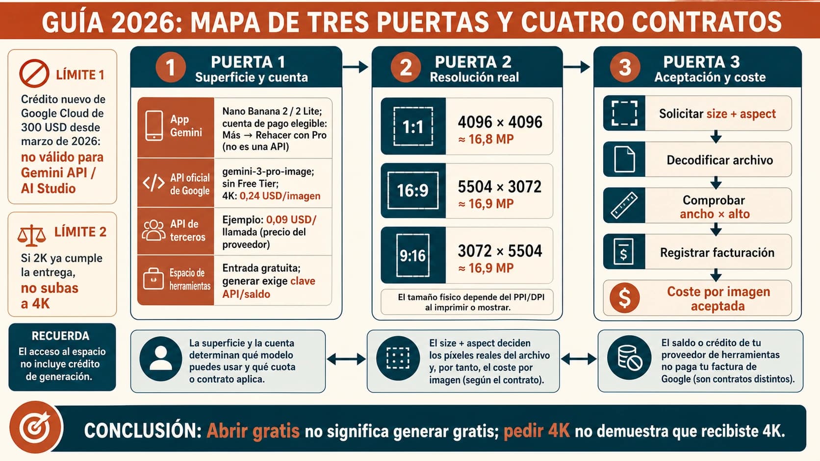 Mapa en español que separa la app de Gemini, la API oficial y los créditos de proveedores para generar imágenes 4K