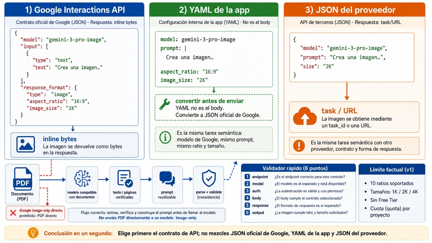 Diagrama que separa endpoint, credencial, model ID, JSON y respuesta entre Gemini oficial y proveedores de Nano Banana Pro