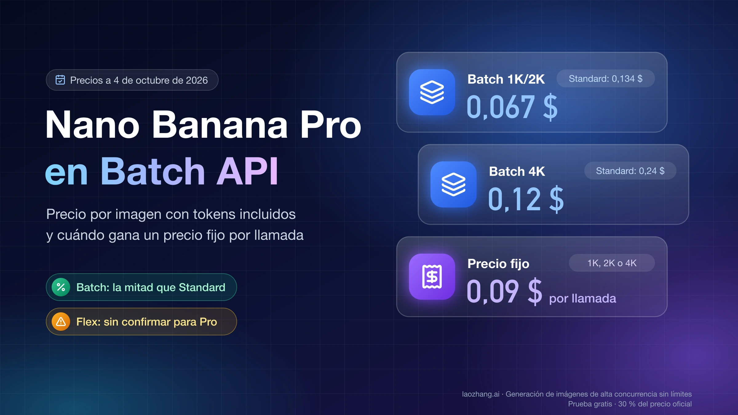 Nano Banana Pro en Batch API: 0,067 $ por imagen 1K/2K y 0,12 $ en 4K frente a un precio fijo de 0,09 $ por llamada