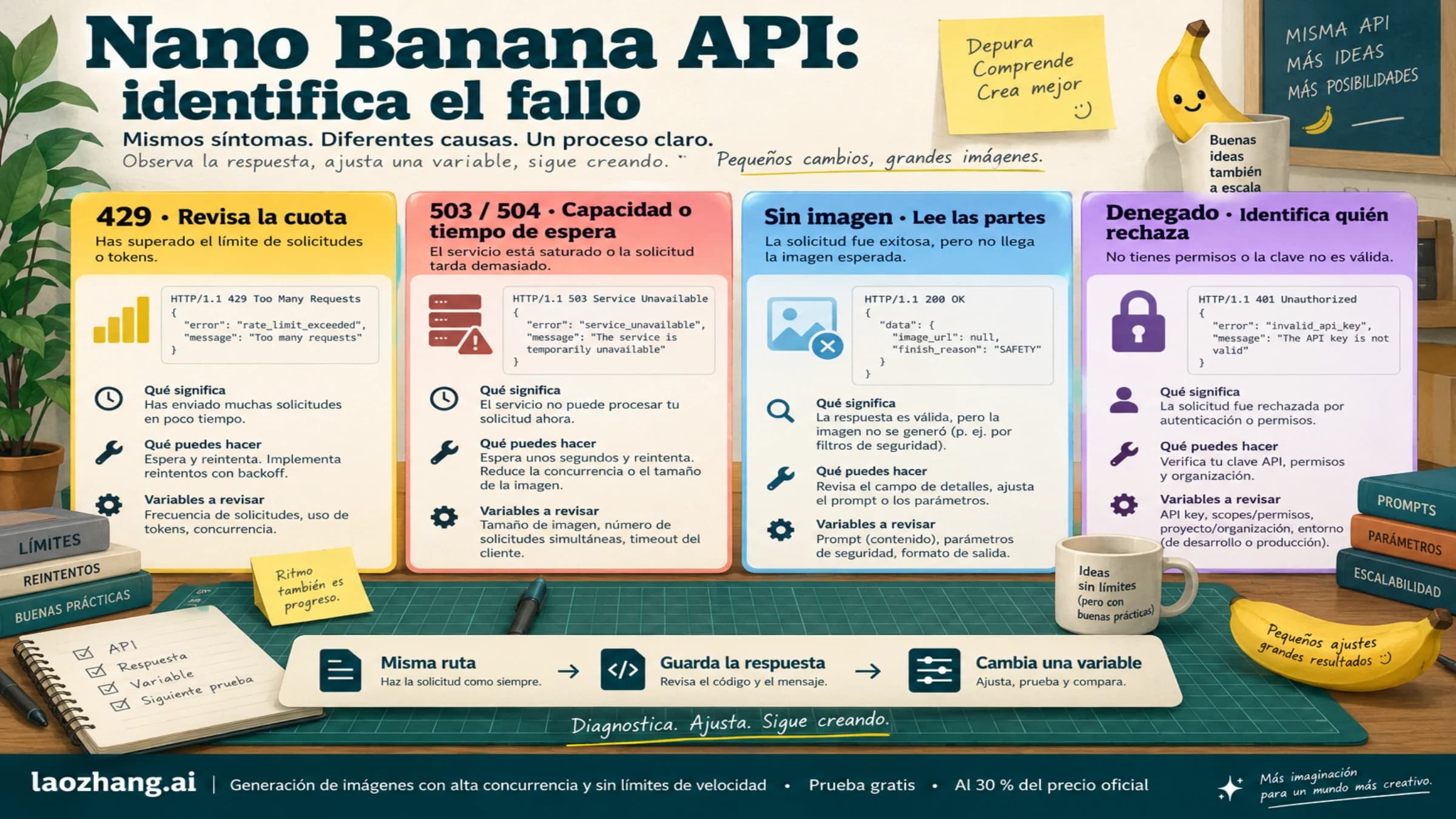 Cuatro ramas para diagnosticar Nano Banana API: cuota, capacidad o timeout, respuesta sin imagen y denegación.