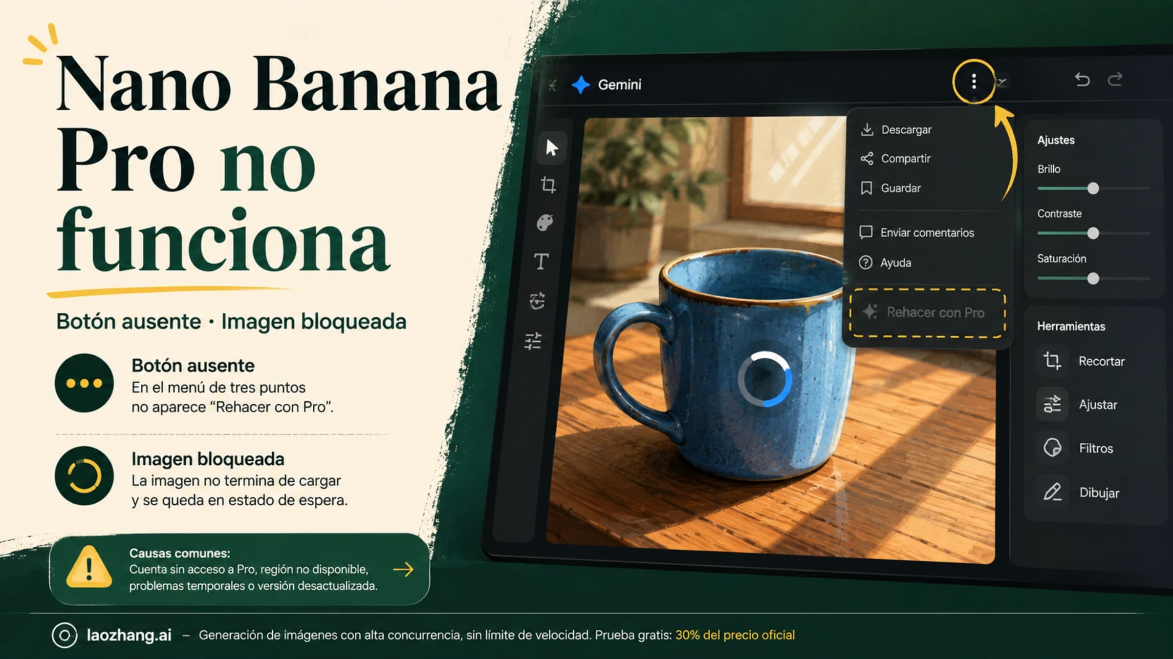 Diagnóstico de Nano Banana Pro en Gemini: botón ausente o imagen bloqueada