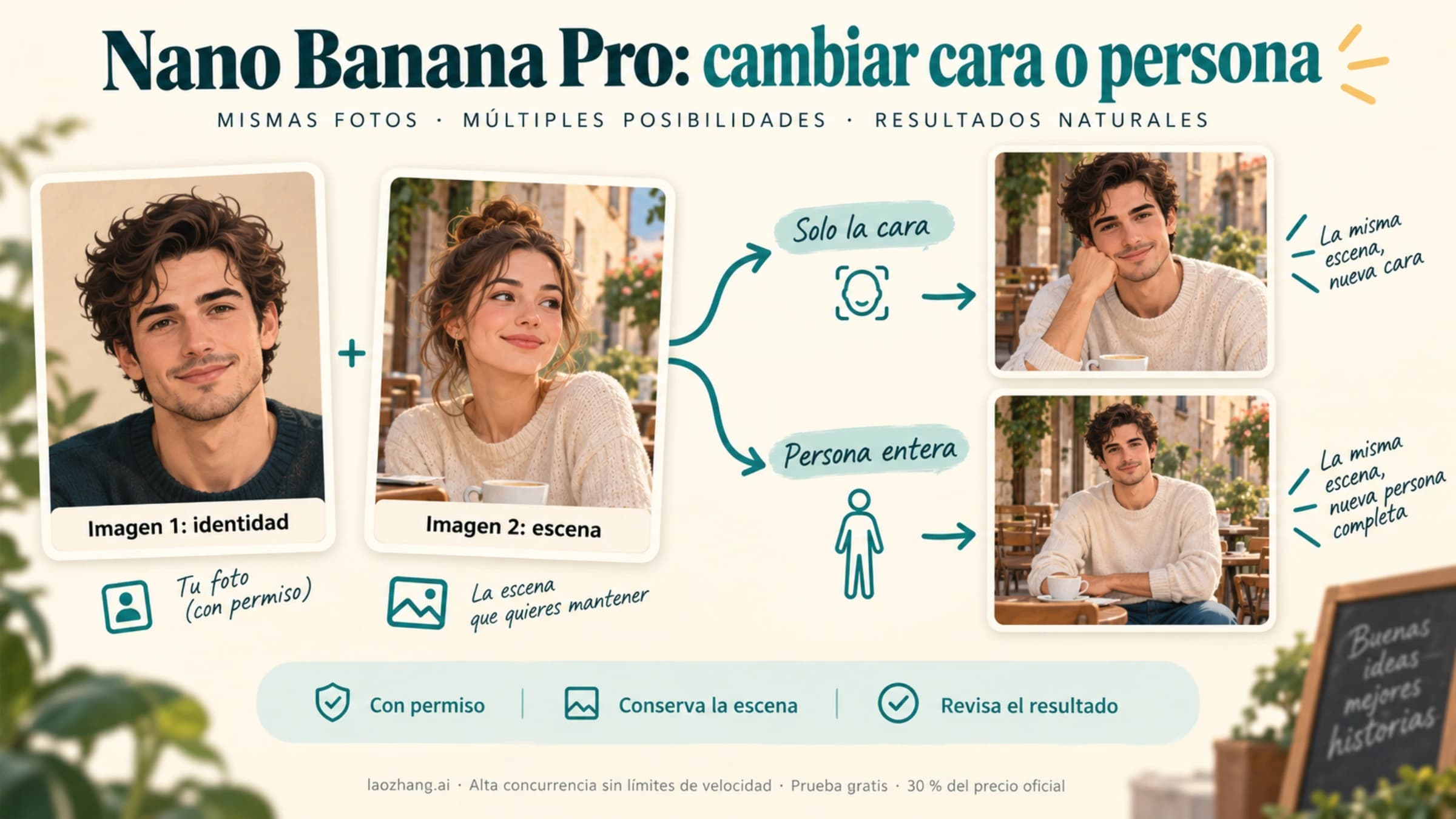 Cambiar solo la cara o la persona entera con una foto de identidad y una escena autorizadas