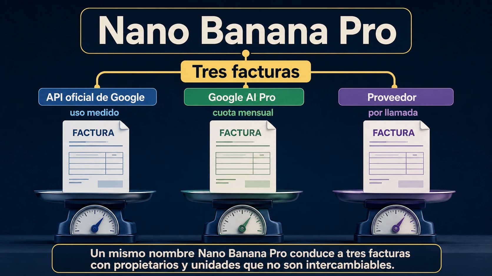 El nombre Nano Banana Pro se divide en tres facturas: API oficial de Google, plan Google AI Pro y llamada de un proveedor independiente