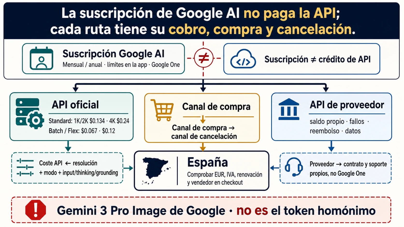 Mapa en español que separa la suscripción de Google AI, la API oficial de Nano Banana Pro y las API de proveedores por cobro y cancelación