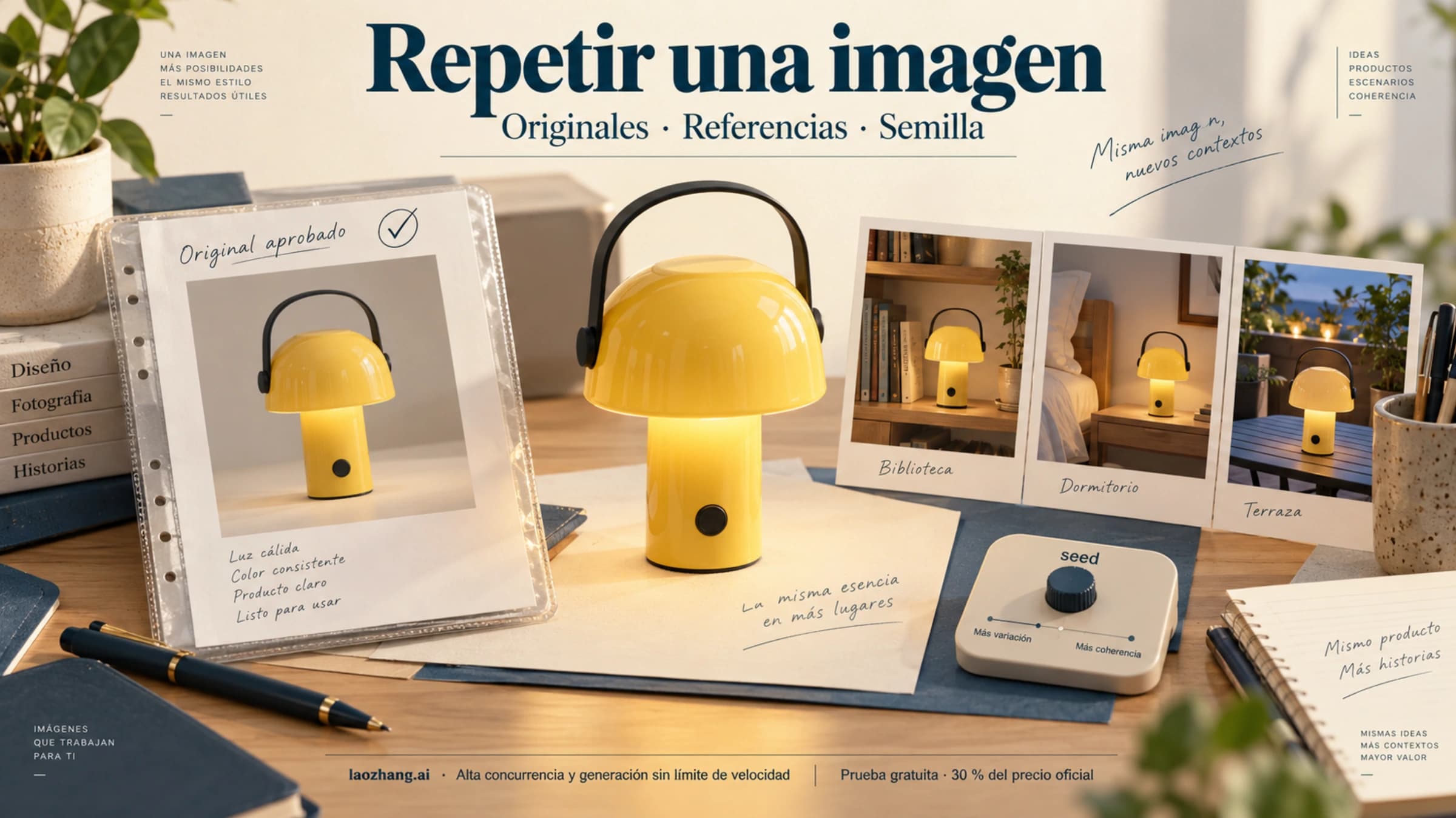 Ilustración de una lámpara aprobada, sus nuevas escenas y un control de semilla
