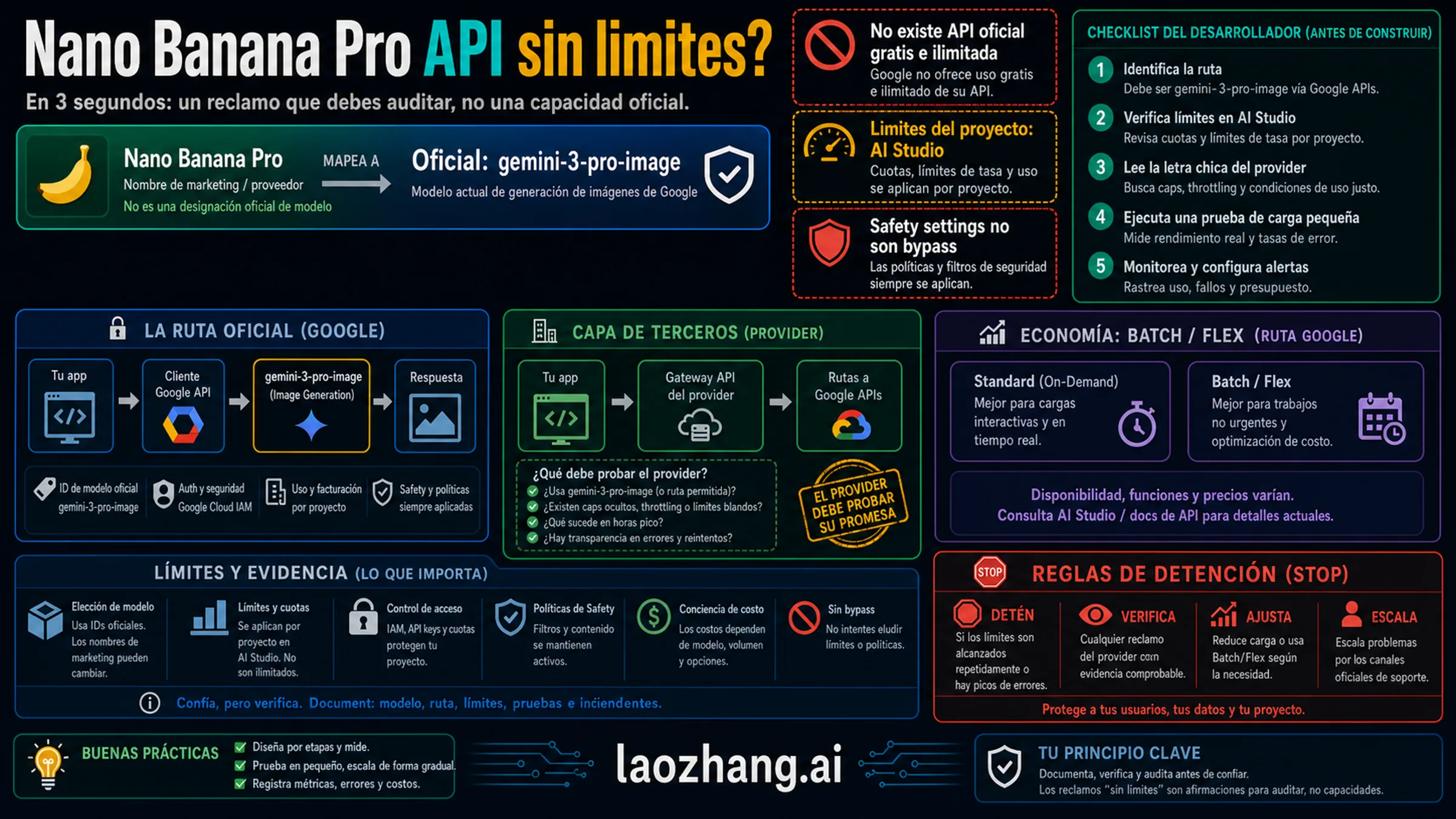 Panel de auditoría para promesas de API Nano Banana Pro ilimitada, con modelo oficial, límites del proyecto, prueba del proveedor y reglas de seguridad.