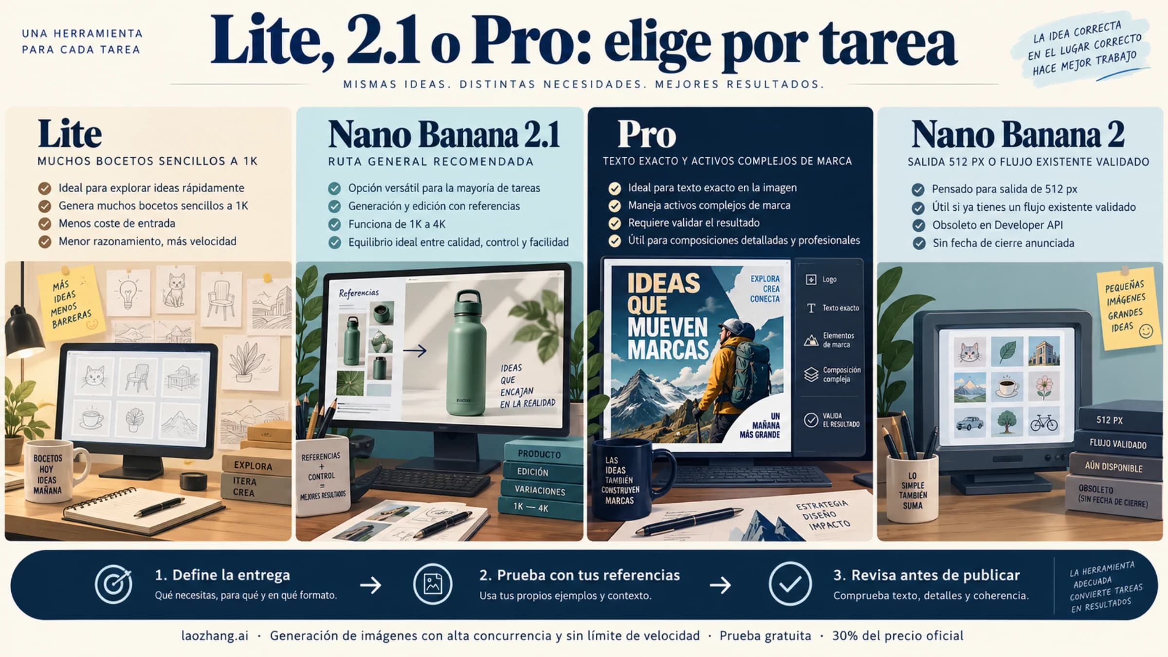 Elección por tarea entre Nano Banana Lite, Nano Banana 2.1, Pro y Nano Banana 2