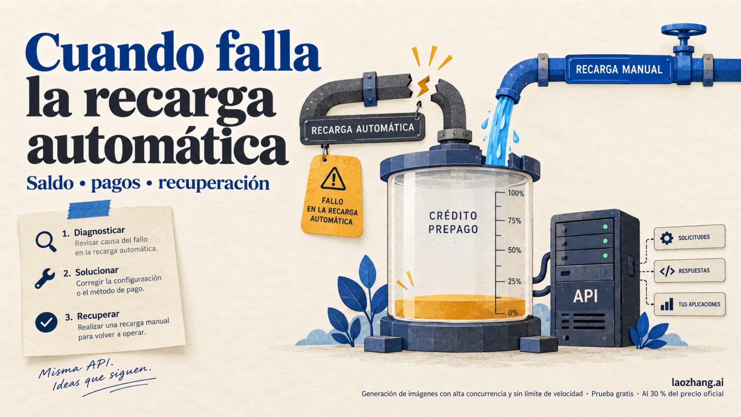 Ilustración de una recarga automática interrumpida y una reposición manual del saldo de la API