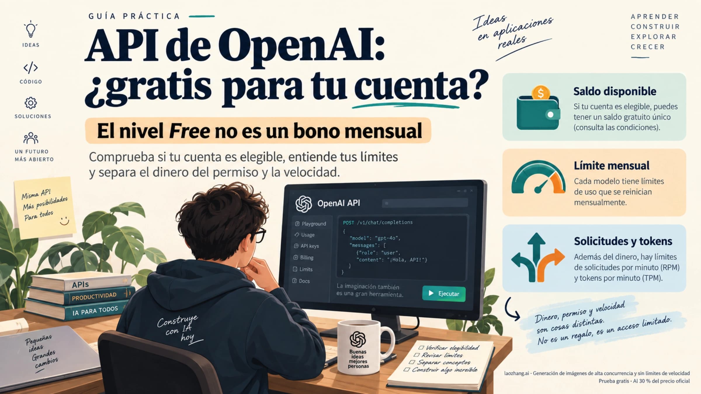 Guía visual para comprobar el uso gratuito de la API de OpenAI y distinguir saldo, límite mensual y velocidad de las solicitudes