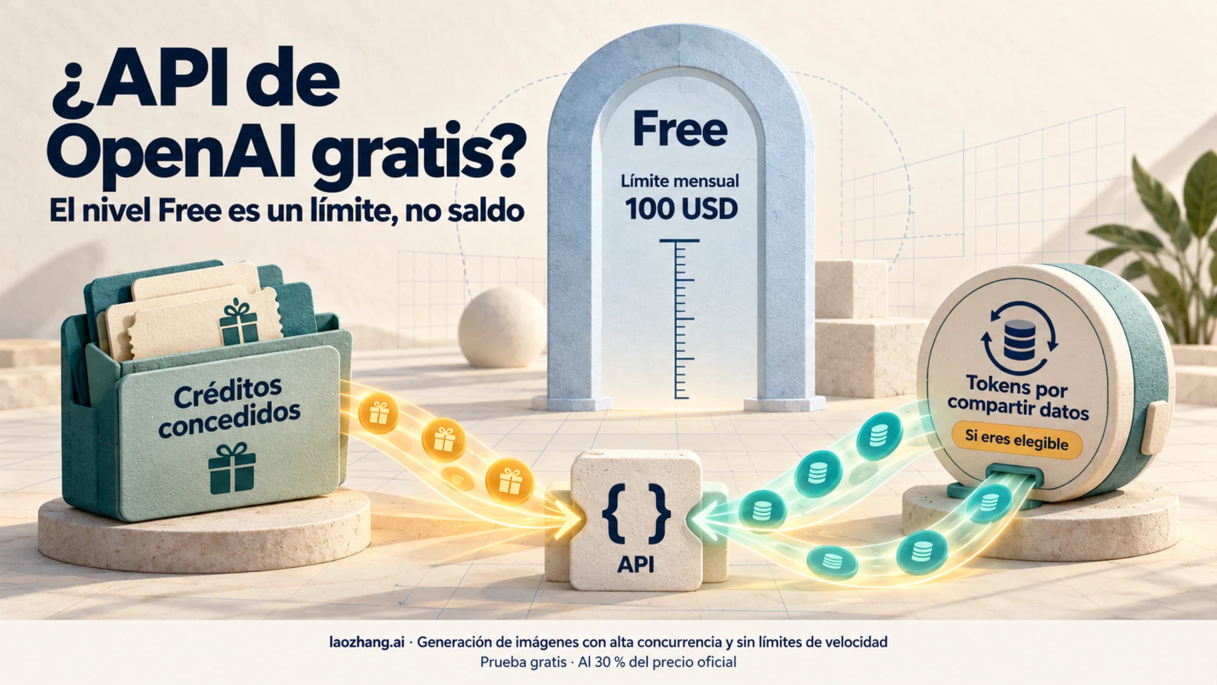 Ilustración del nivel Free como límite mensual, junto a créditos concedidos y tokens por compartir datos como vías que pueden cubrir solicitudes de la API de OpenAI.