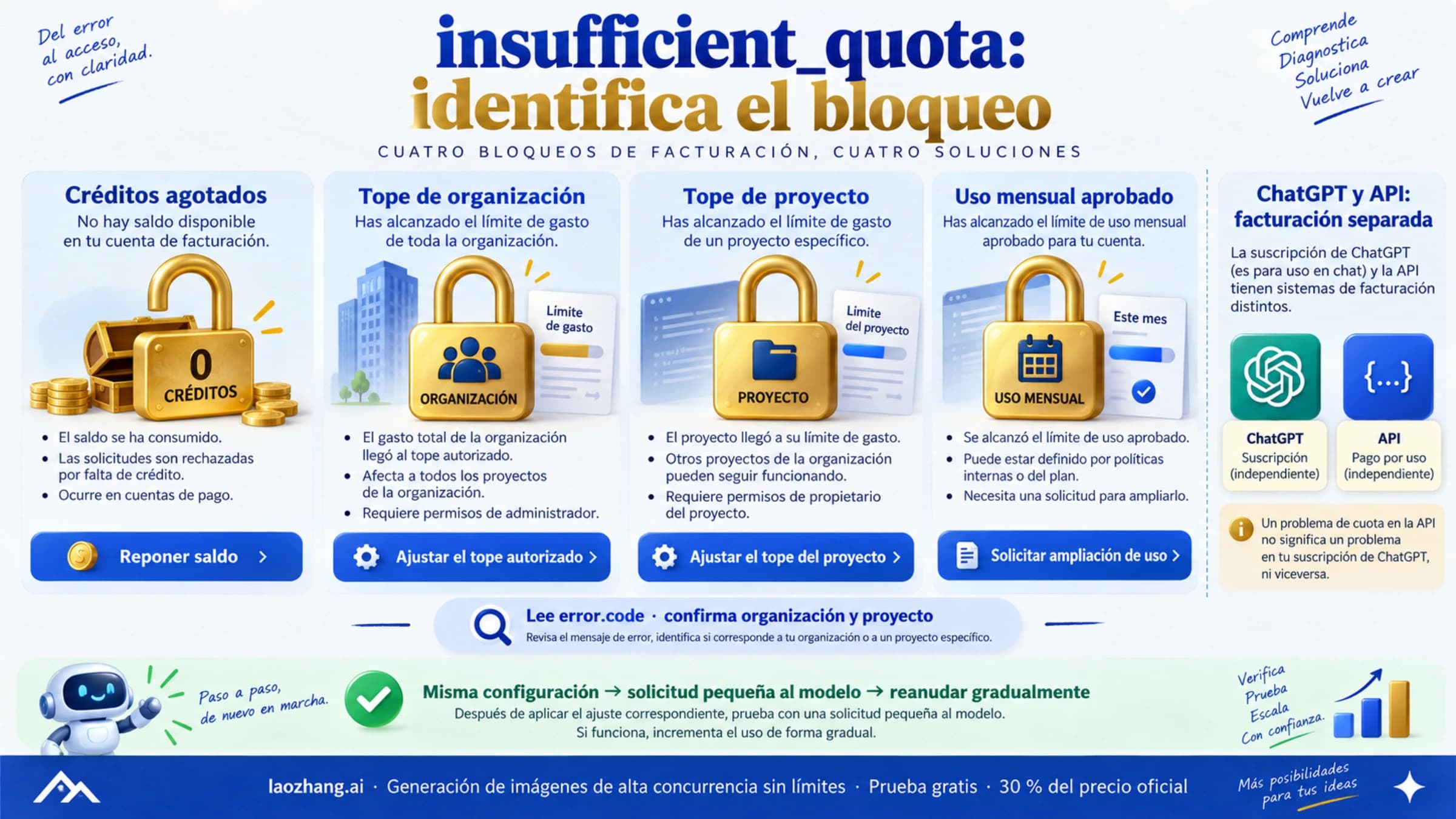 Cuatro códigos de facturación orientan la recuperación de insufficient_quota en la organización y el proyecto correctos