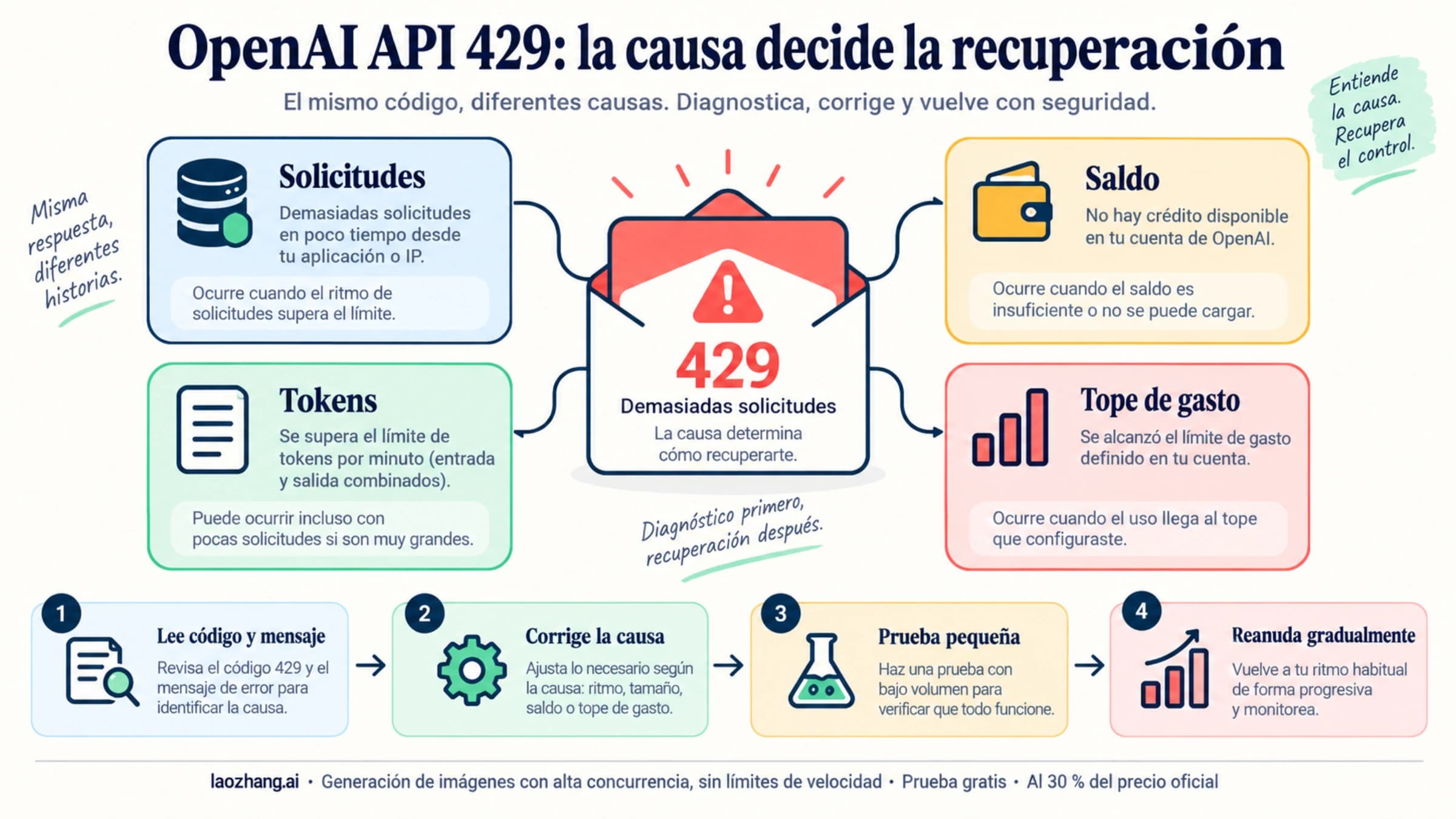 Cuatro causas del 429 de OpenAI API y recuperación con una solicitud pequeña y carga gradual