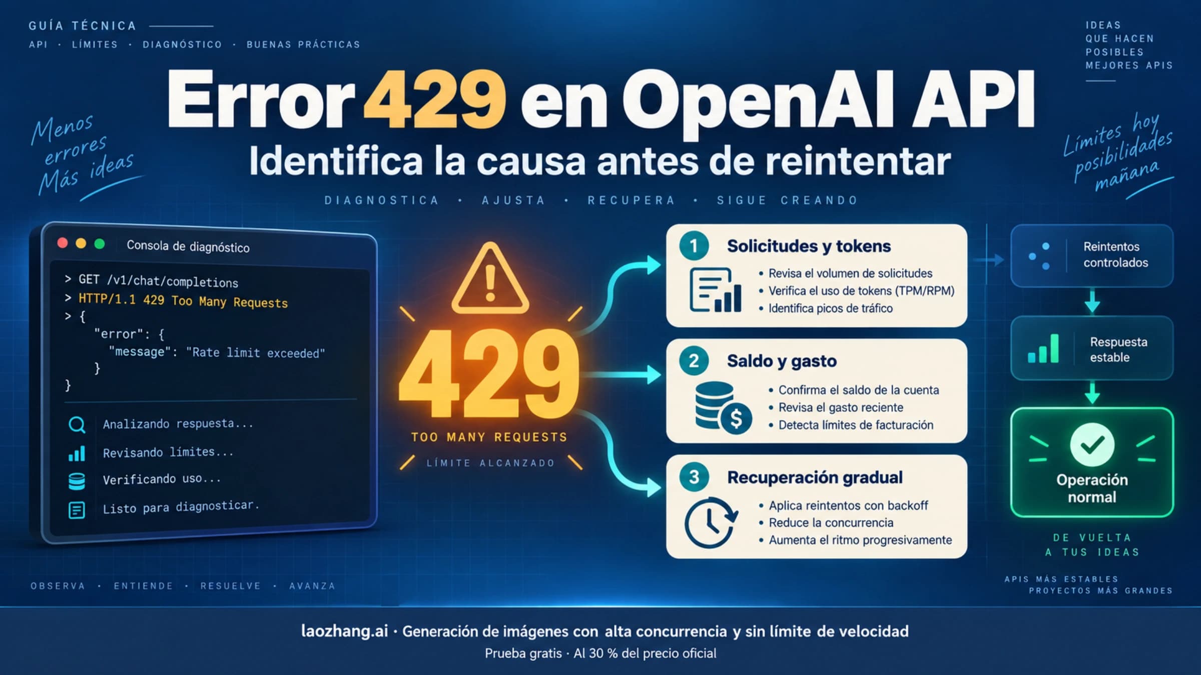 Diagnóstico del error 429 de OpenAI API: solicitudes, tokens, saldo y recuperación gradual