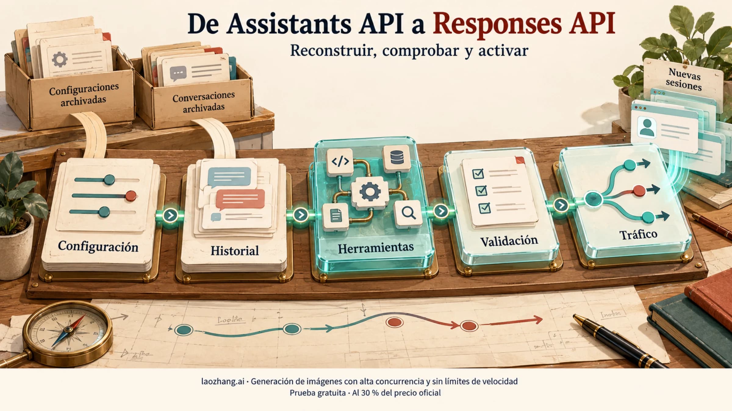 Recorrido de migración desde la configuración y las conversaciones hasta las herramientas, la validación y el cambio de tráfico