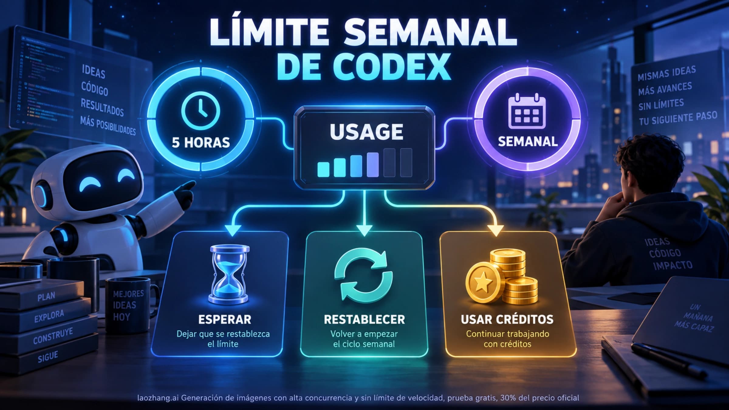 Panel de uso de Codex con los periodos de cinco horas y semanal y tres opciones para continuar