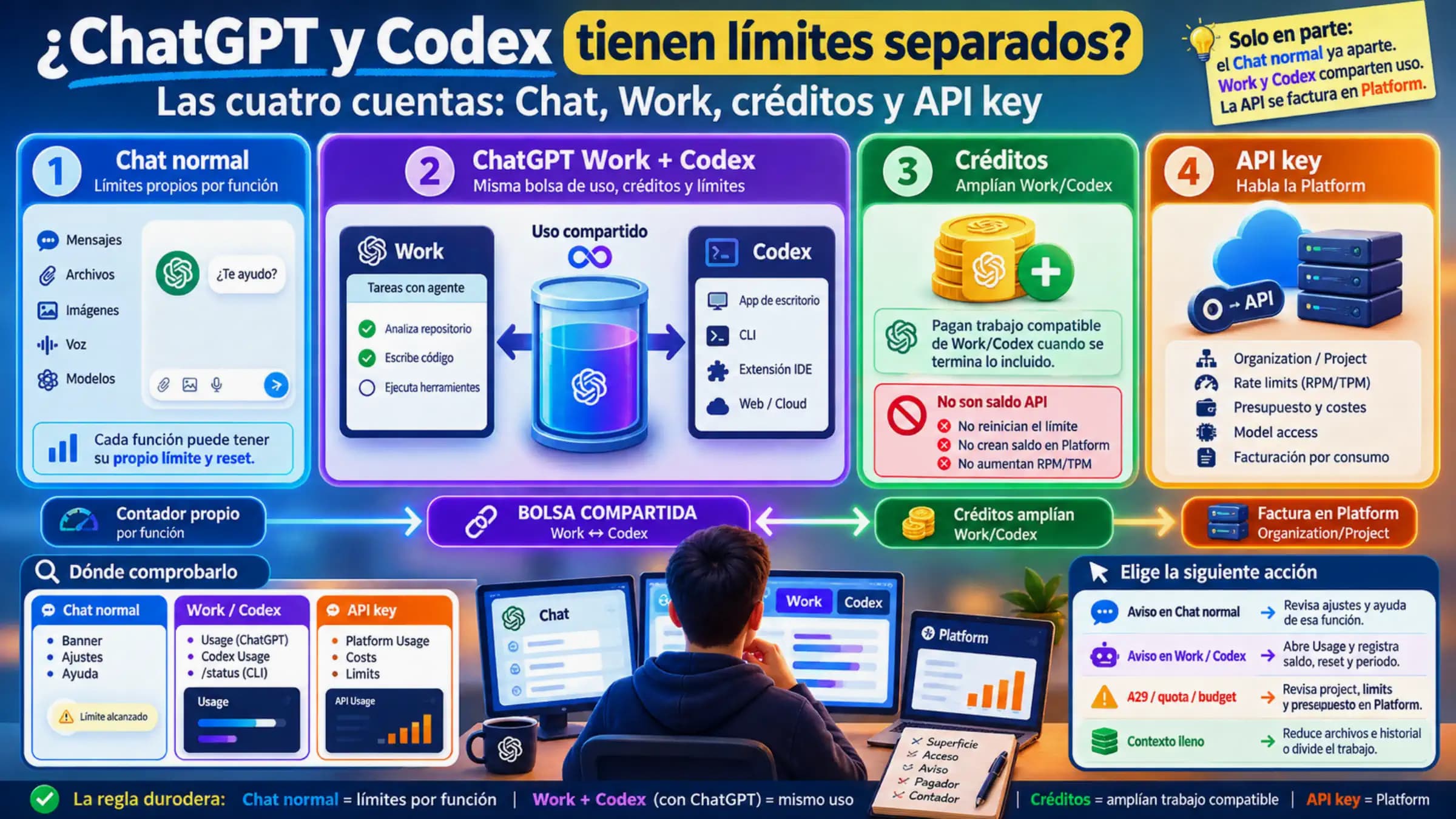 Mapa que separa los límites del Chat normal, el uso compartido de Work y Codex, los créditos y la facturación con API key