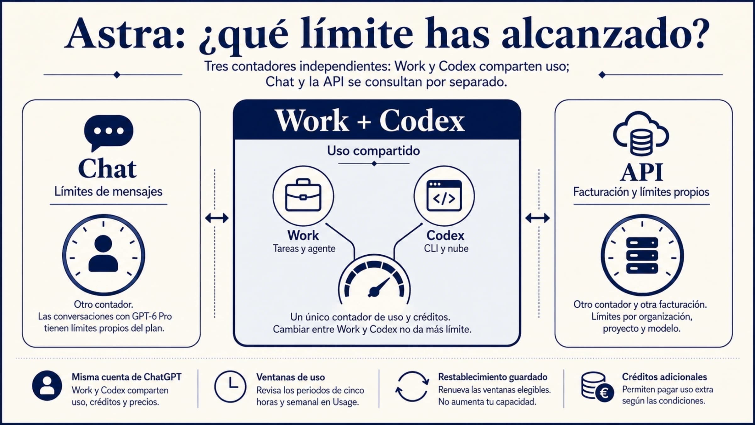 Chat, Work y Codex, y API de Astra agrupados según sus límites y facturación
