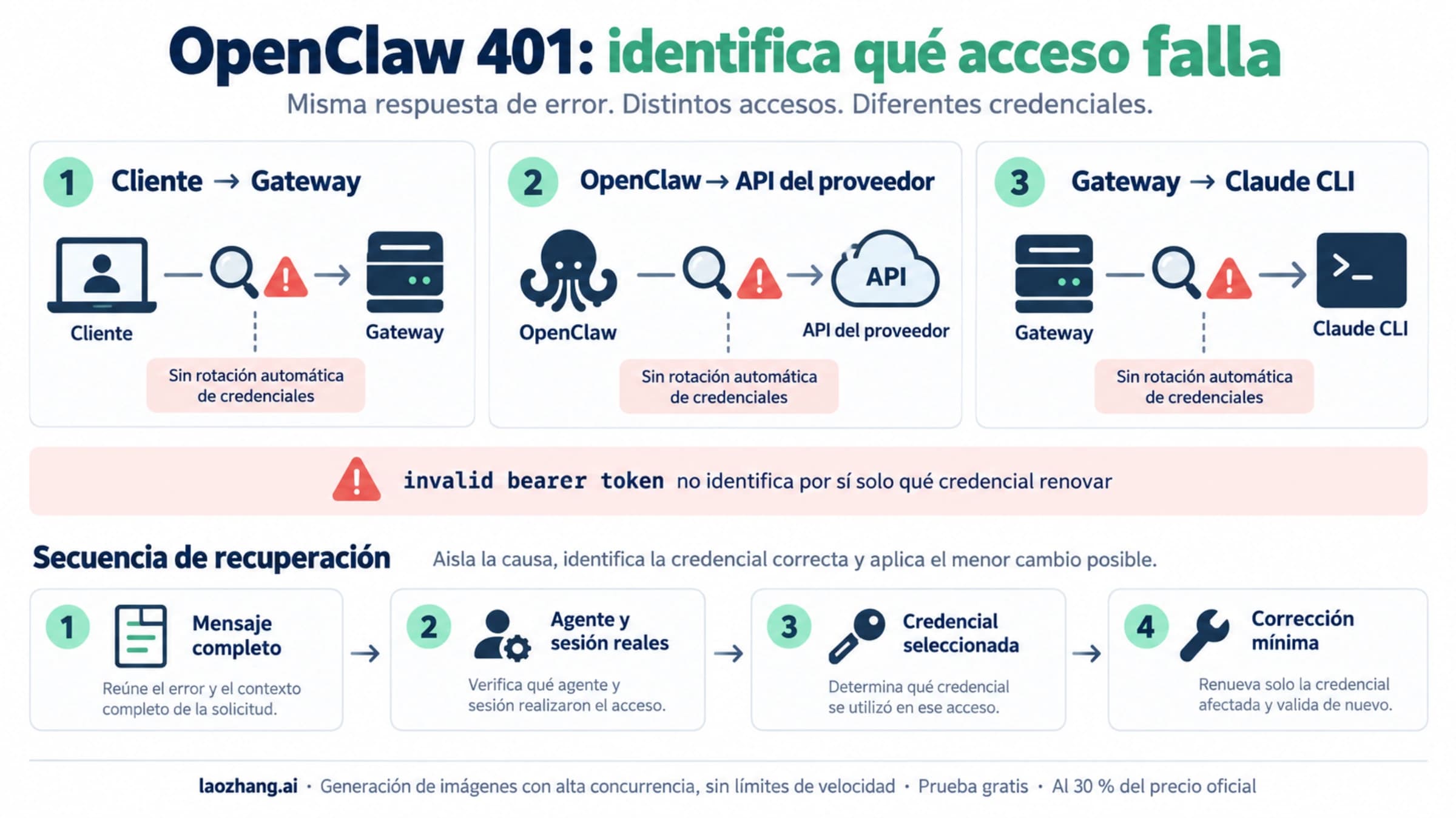 Tres accesos que pueden producir un 401 en OpenClaw y comprobación de credencial, agente y sesión
