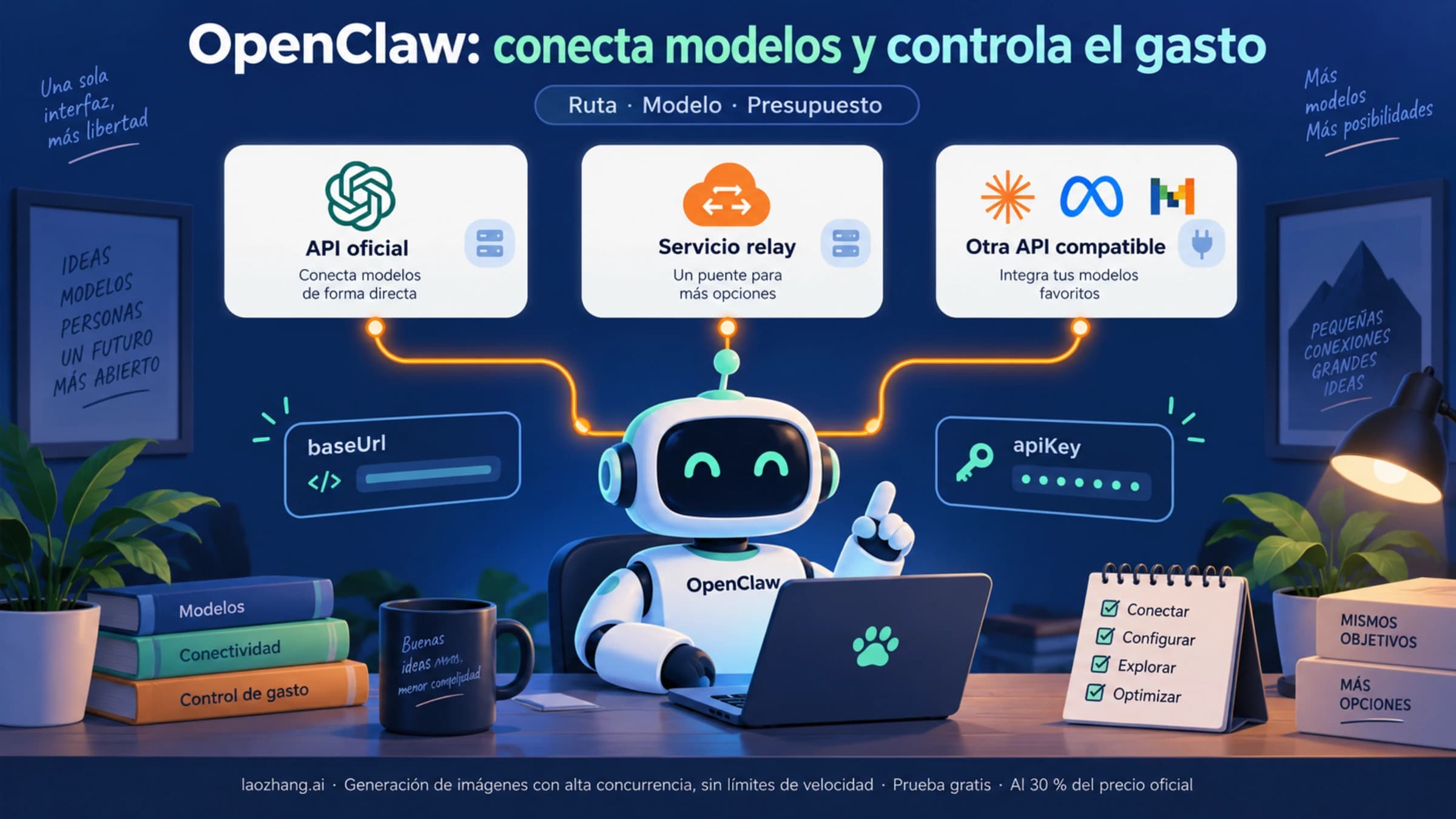 Conexión de OpenClaw con rutas de API y configuración de baseUrl y apiKey