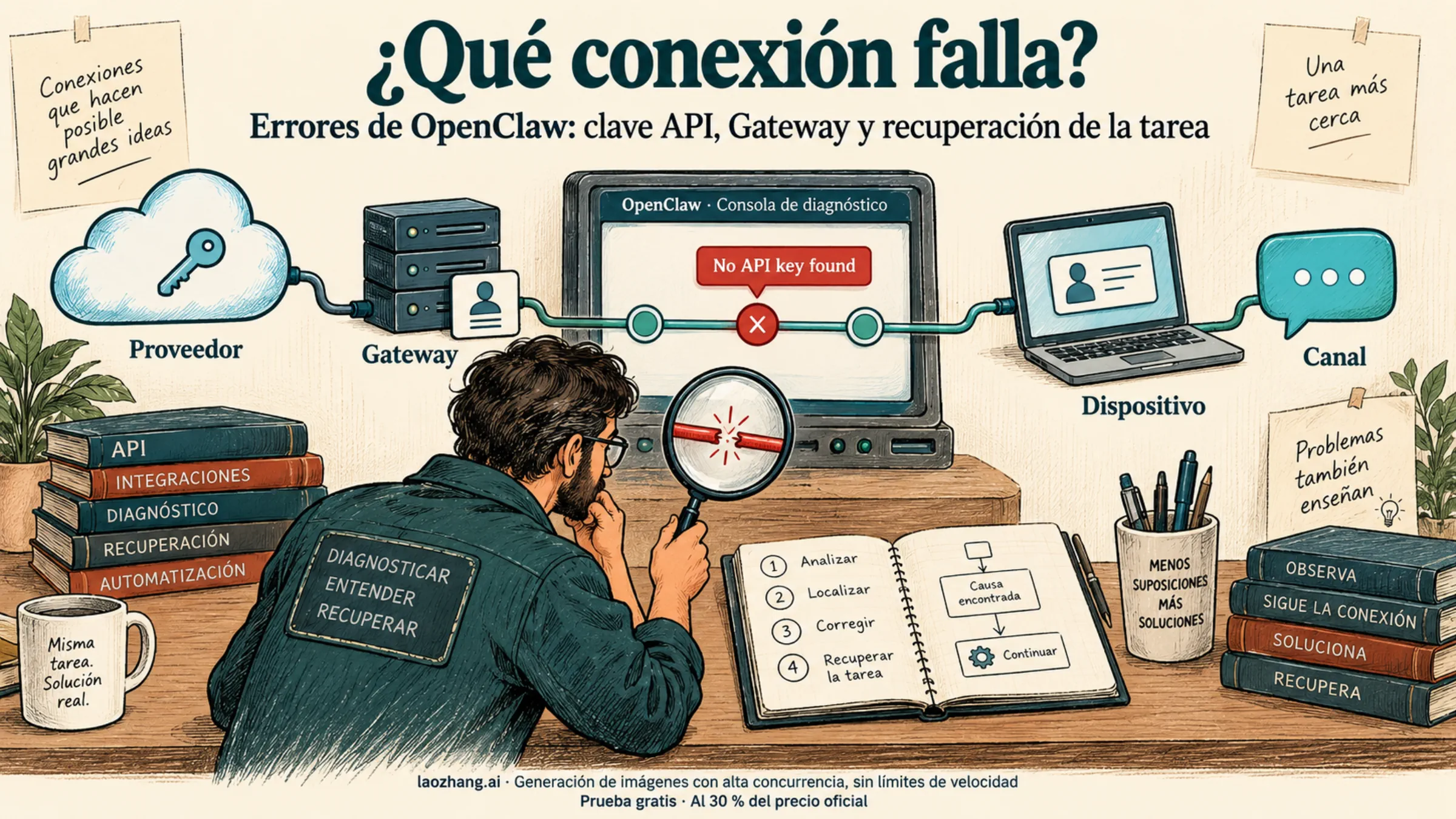 Ilustración de un diagnóstico de OpenClaw que distingue proveedor, Gateway, dispositivo y canal para localizar la conexión que falla