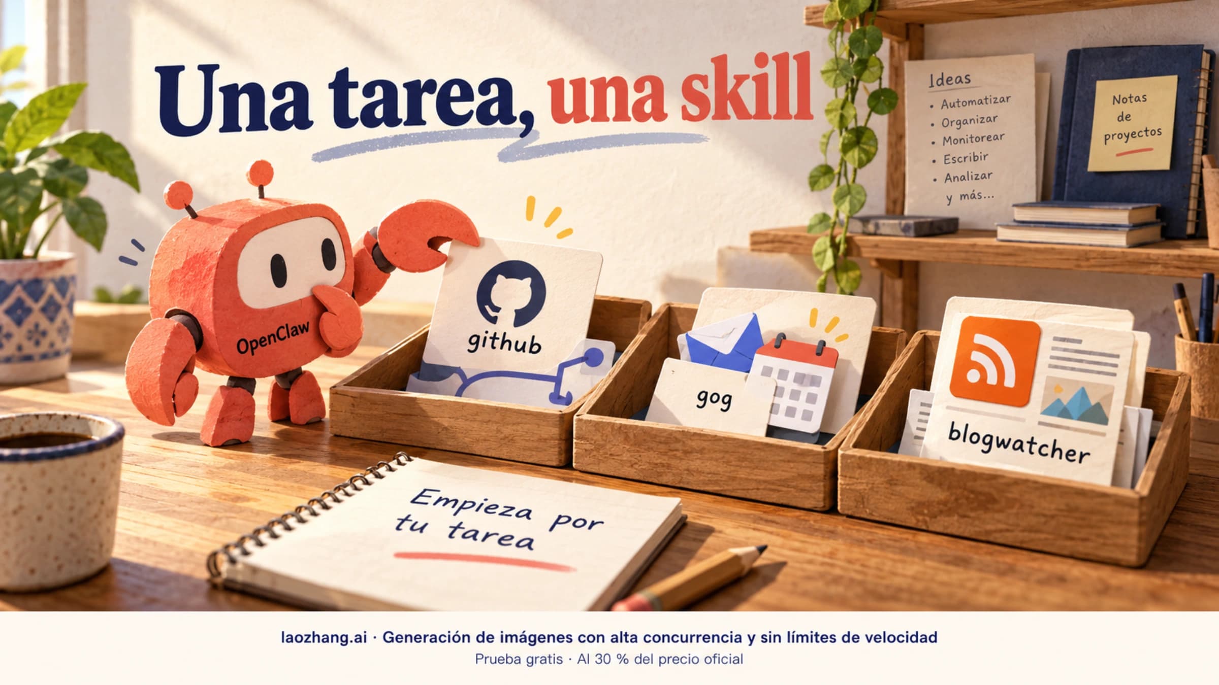 Ilustración de OpenClaw eligiendo una skill para una tarea de repositorios, correo o fuentes RSS
