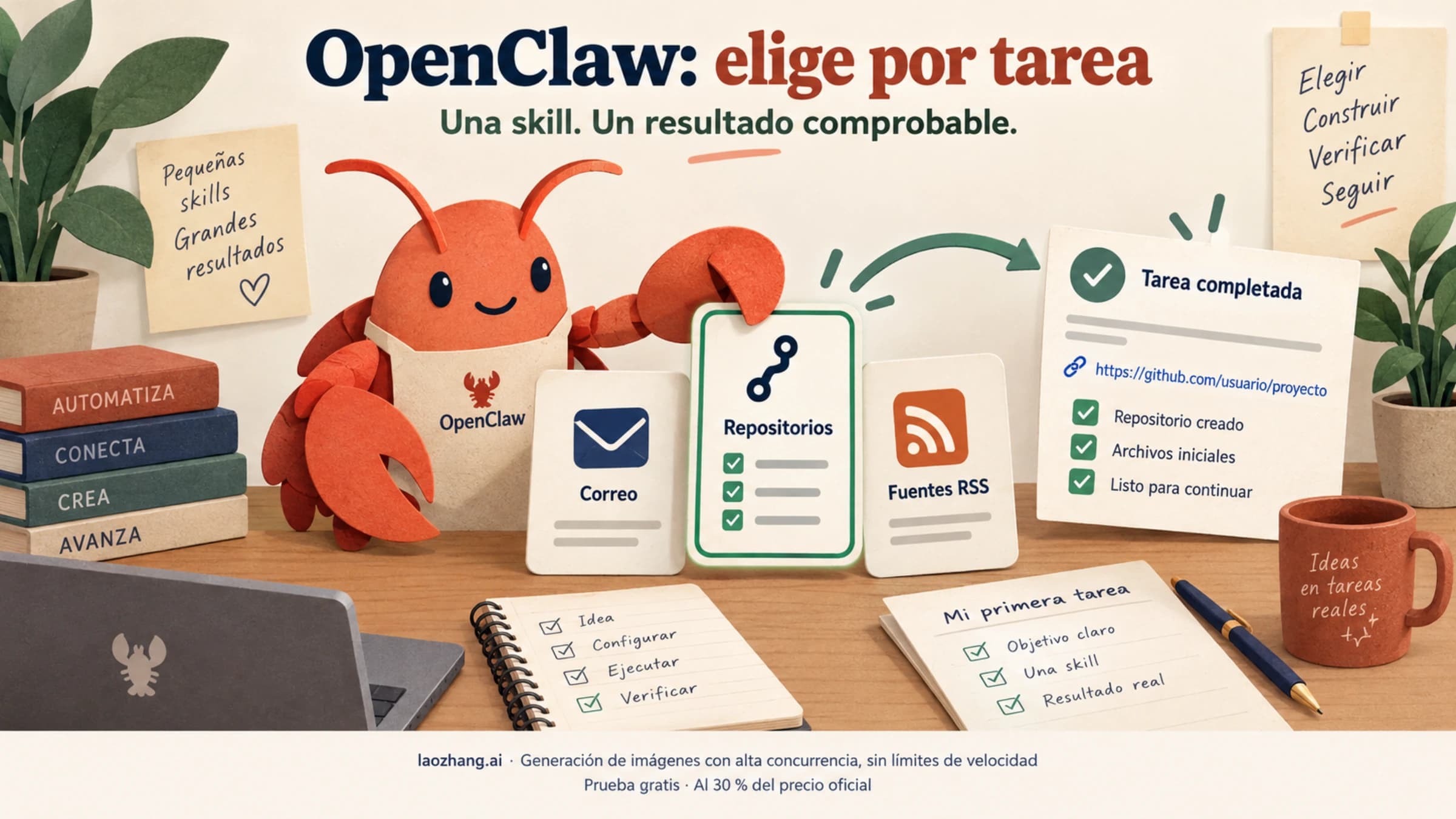 Ilustración de OpenClaw eligiendo una skill para una tarea de repositorios, correo o fuentes RSS