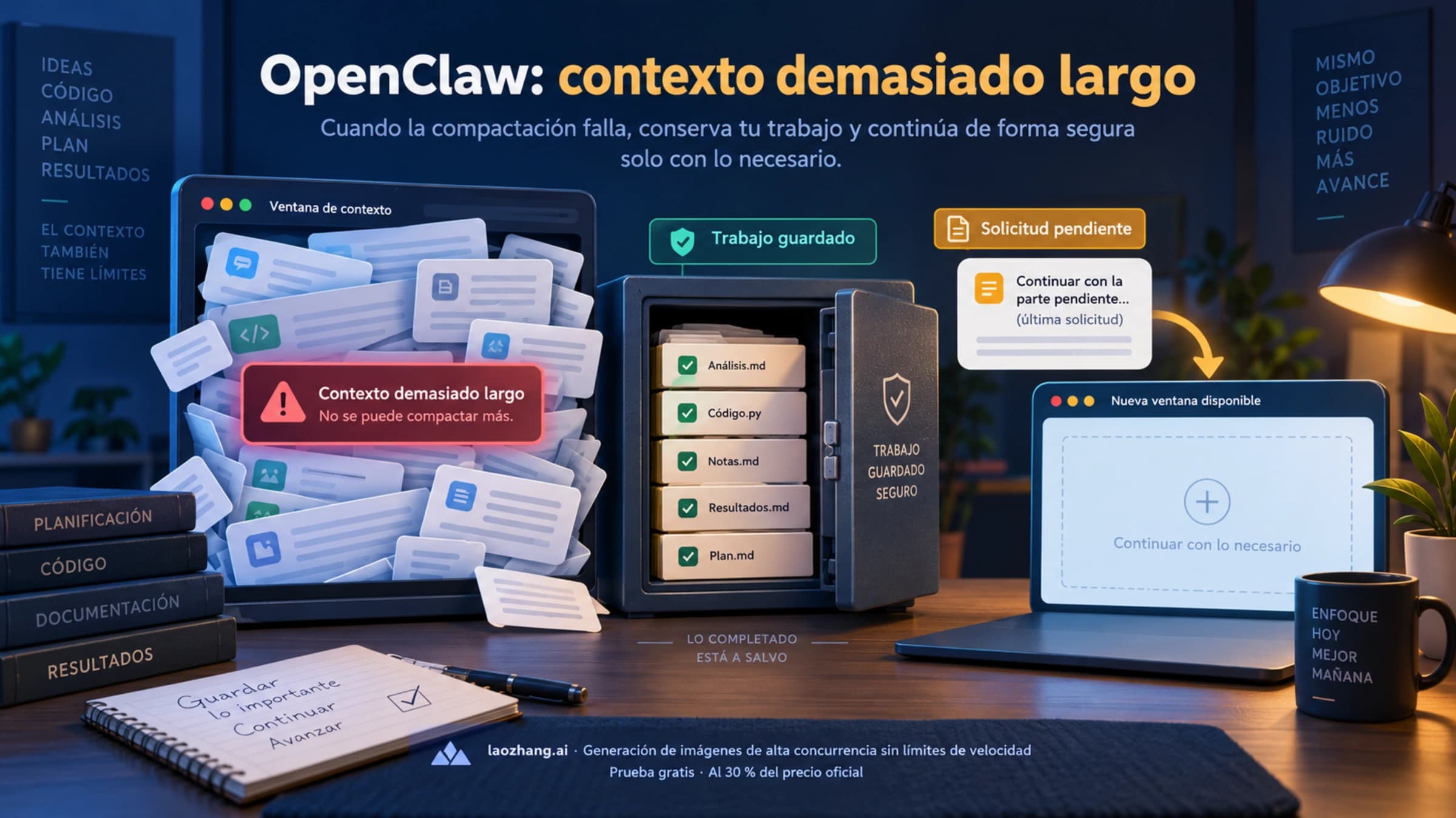 Ilustración de un contexto de OpenClaw lleno, los resultados guardados y una petición pendiente que continúa en otra ventana