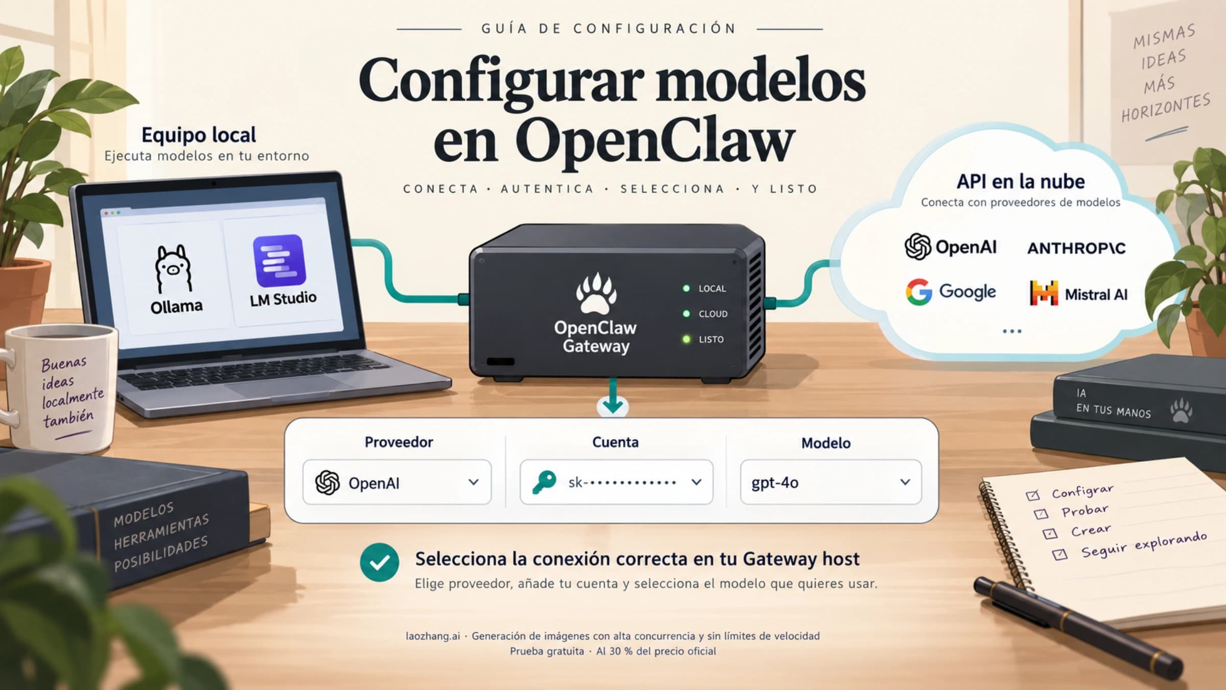 Ilustración de un Gateway de OpenClaw conectado a modelos locales y API en la nube, con selección de proveedor, cuenta y modelo