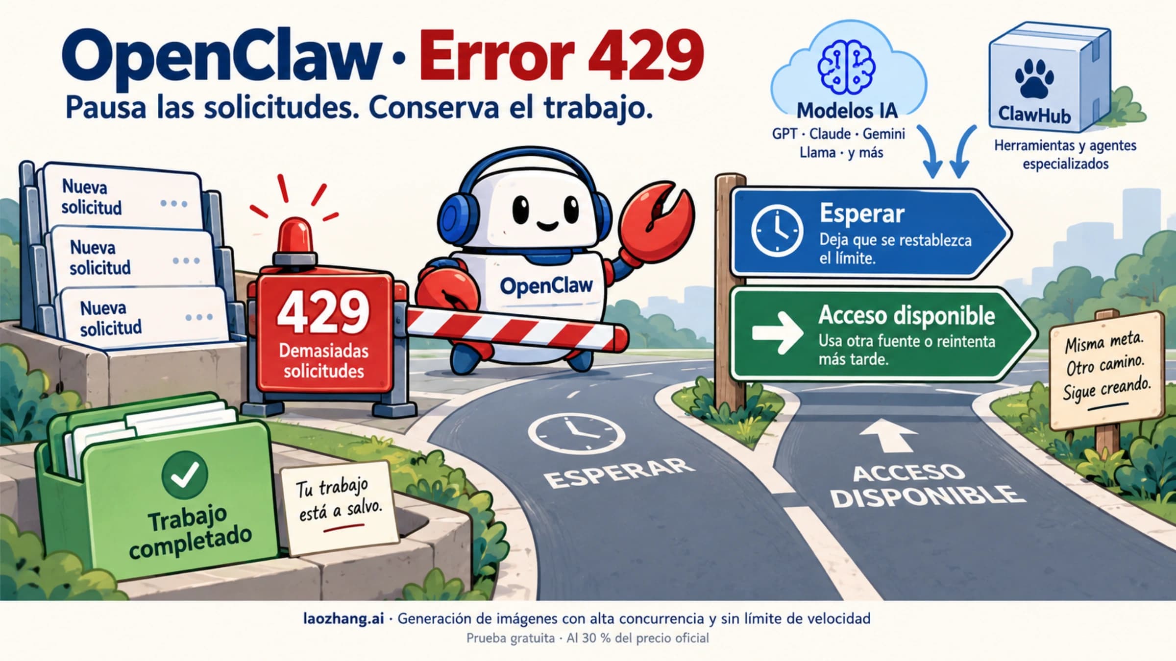 Ilustración de OpenClaw ante un error 429, con nuevas solicitudes pausadas, opciones de espera y acceso disponible y trabajo completado conservado