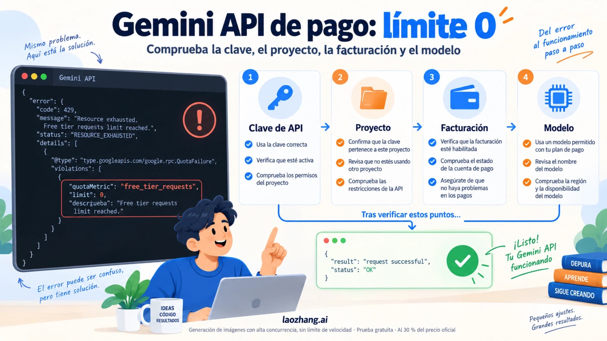 Ruta de comprobación de clave, proyecto, facturación y modelo ante un límite gratuito de cero en Gemini API de pago.