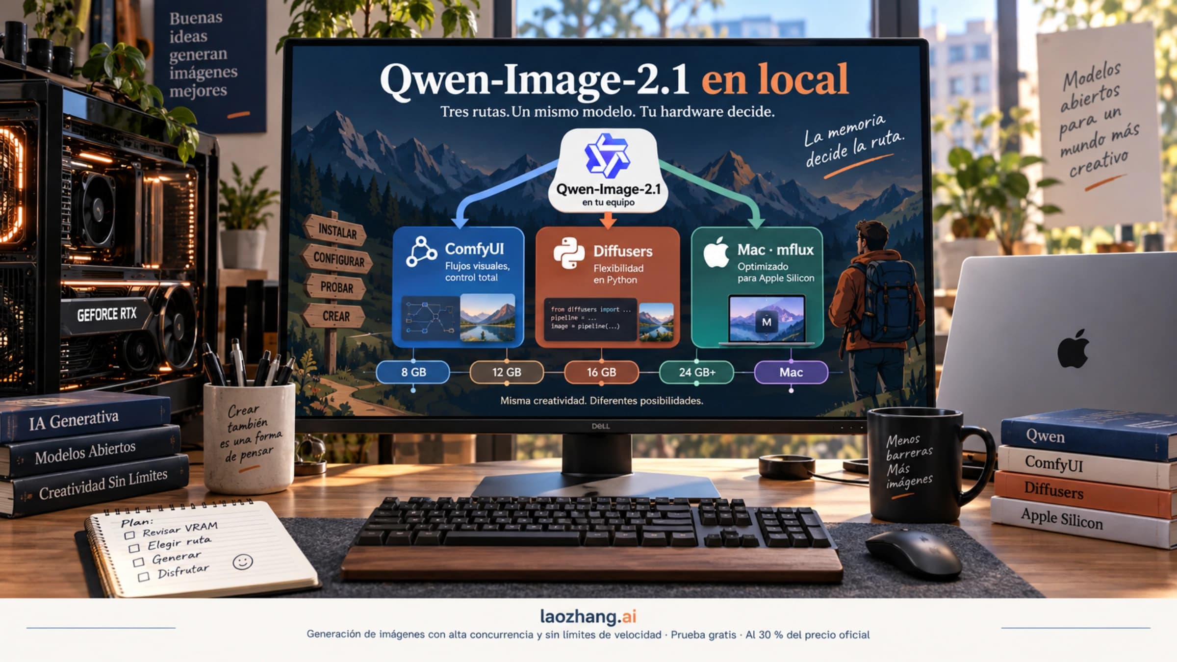 Escritorio con una GPU y un Mac, y en el monitor el esquema de Qwen-Image-2.1 en local con tres rutas (ComfyUI, Diffusers y Mac con mflux) y los tramos de memoria de 8 GB a 24 GB y Mac