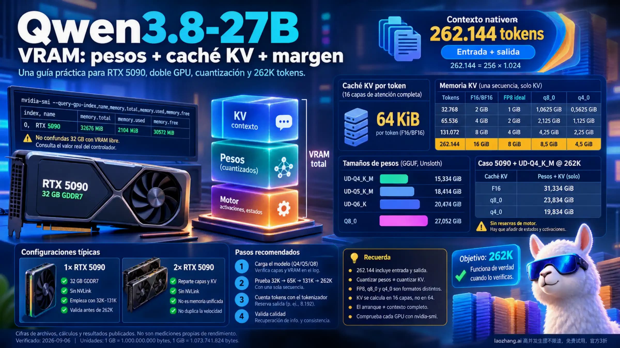 Planificación de la VRAM de Qwen3.8-27B con pesos, caché KV y margen de ejecución