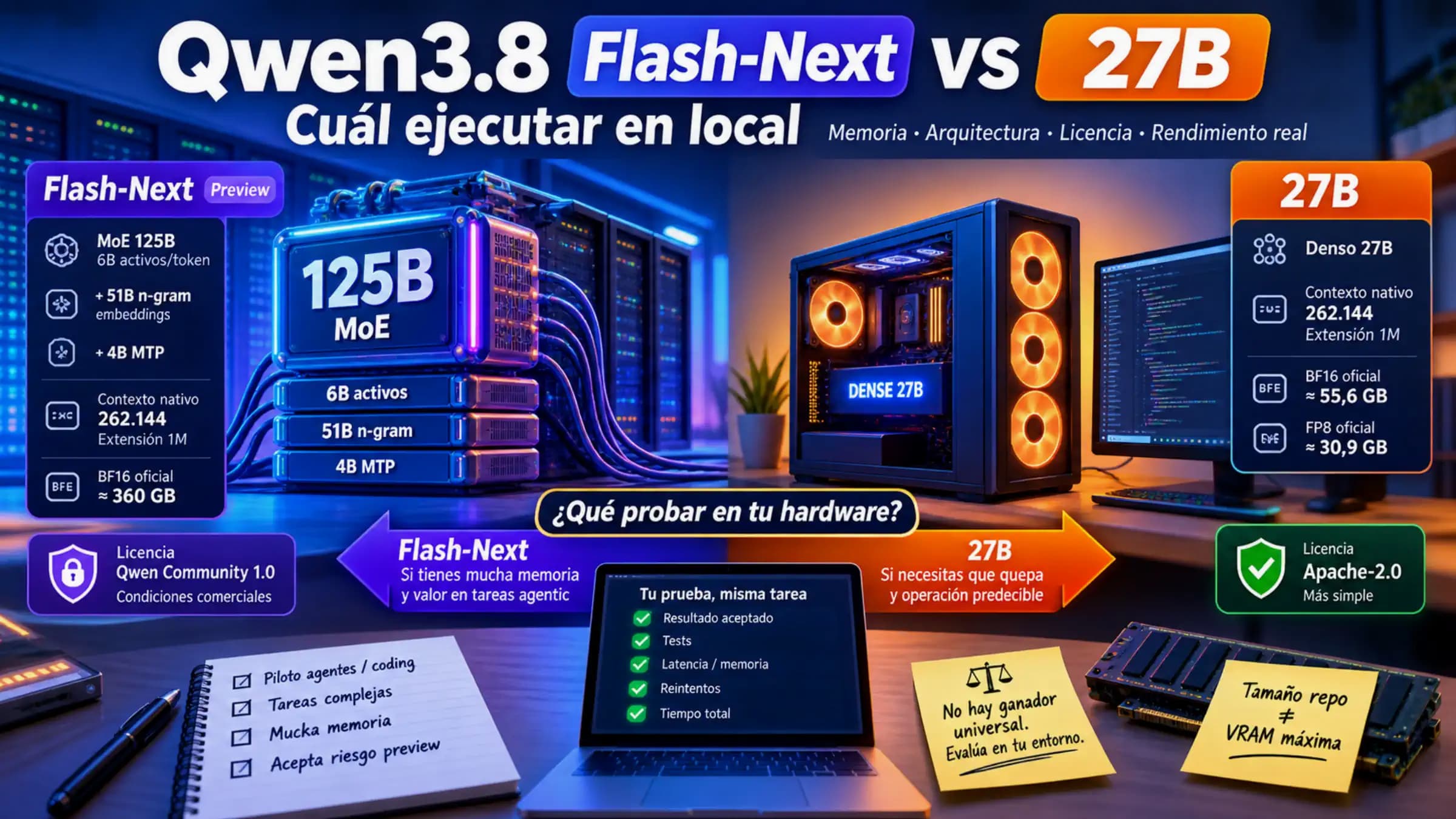 Ruta de decisión local entre Qwen3.8 Flash-Next y 27B