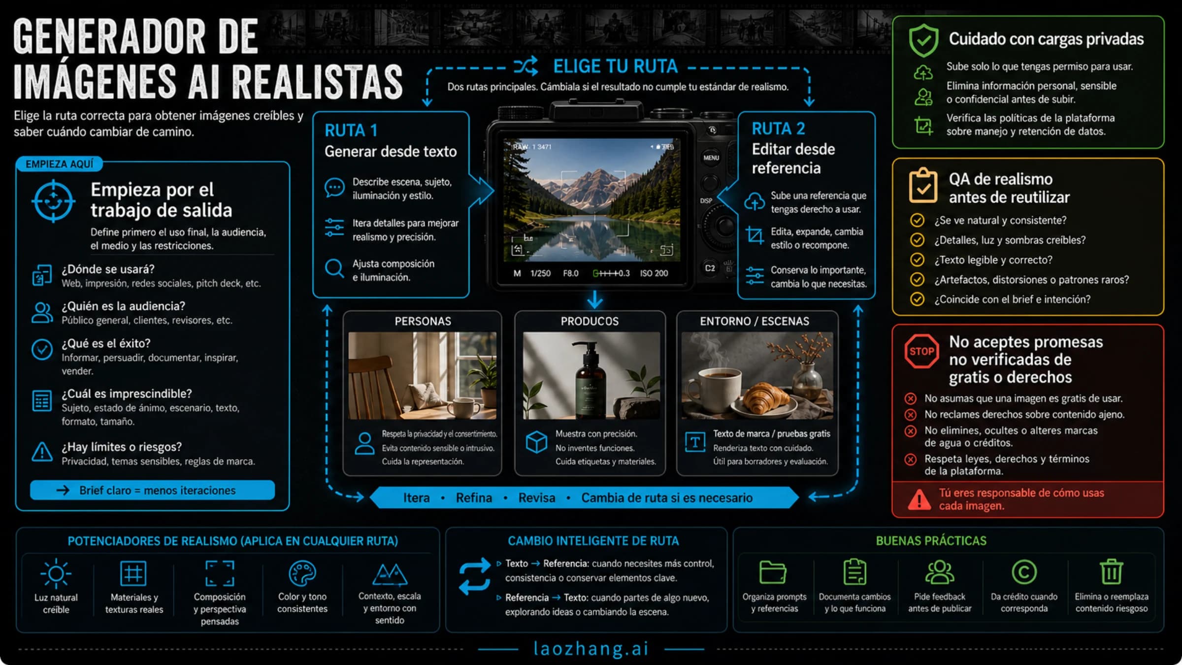 Tablero de rutas para generador de imágenes realistas con IA, privacidad, QA de realismo y reglas de parada
