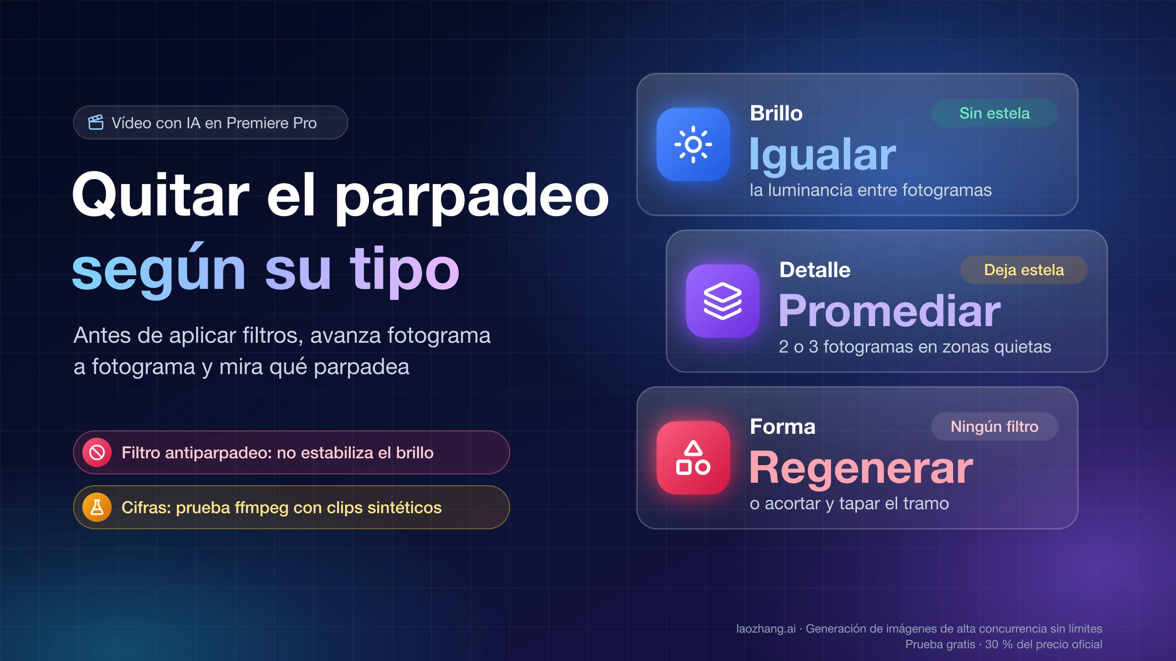 Tres tipos de parpadeo en vídeo con IA y qué hacer con cada uno en Premiere: igualar la luminancia si es el brillo, promediar fotogramas si es el detalle y regenerar si cambia la forma